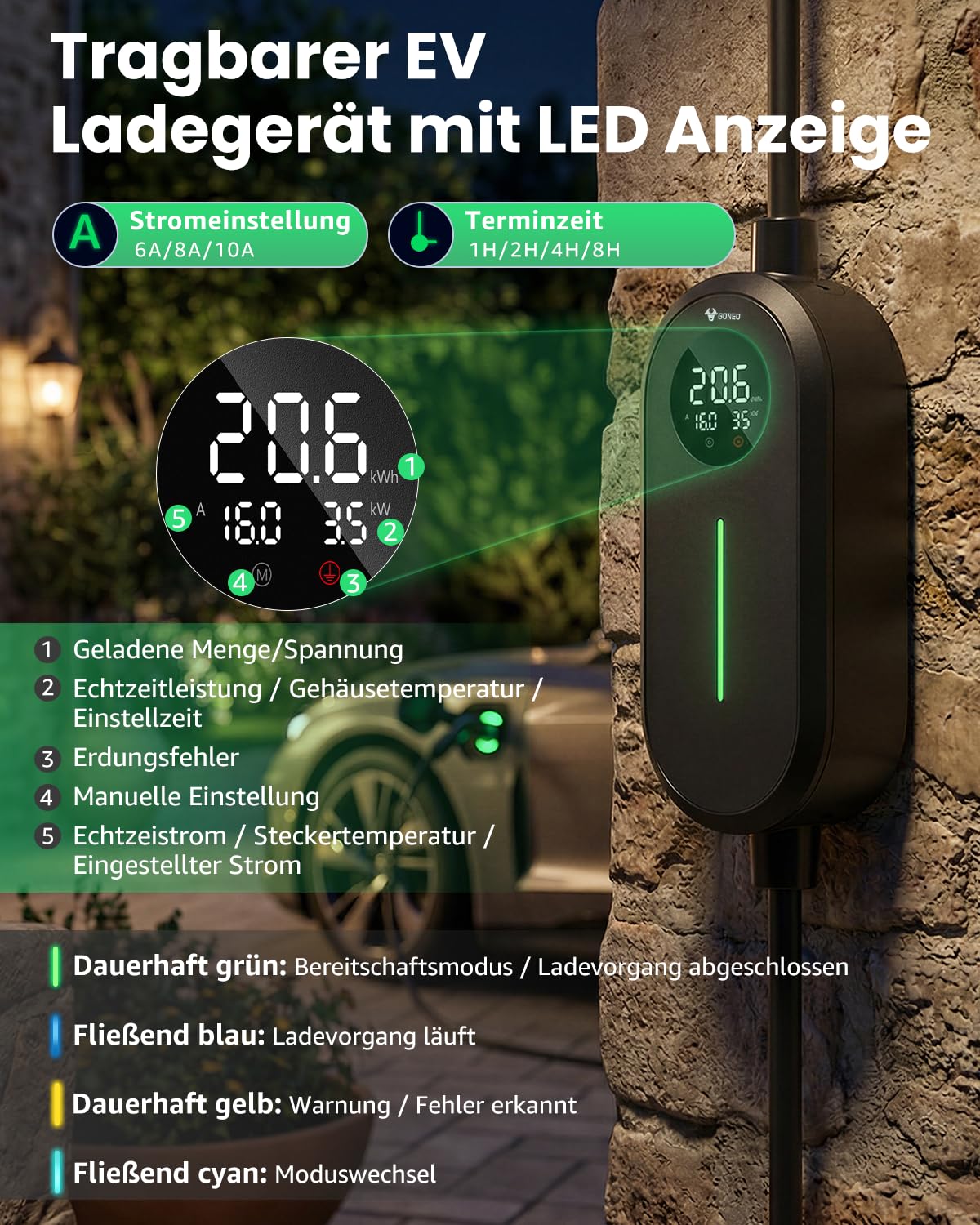 GONEO Typ 2 EV Ladegerät Schuko IP66 Wasserdicht, 3,68kW 16A (6–16A einstellbar), 10m 1-phasig 230V Tragbares Ladekabel, Mobile Wallbox mit LCD & Timer, für Elektroautos und PHEV