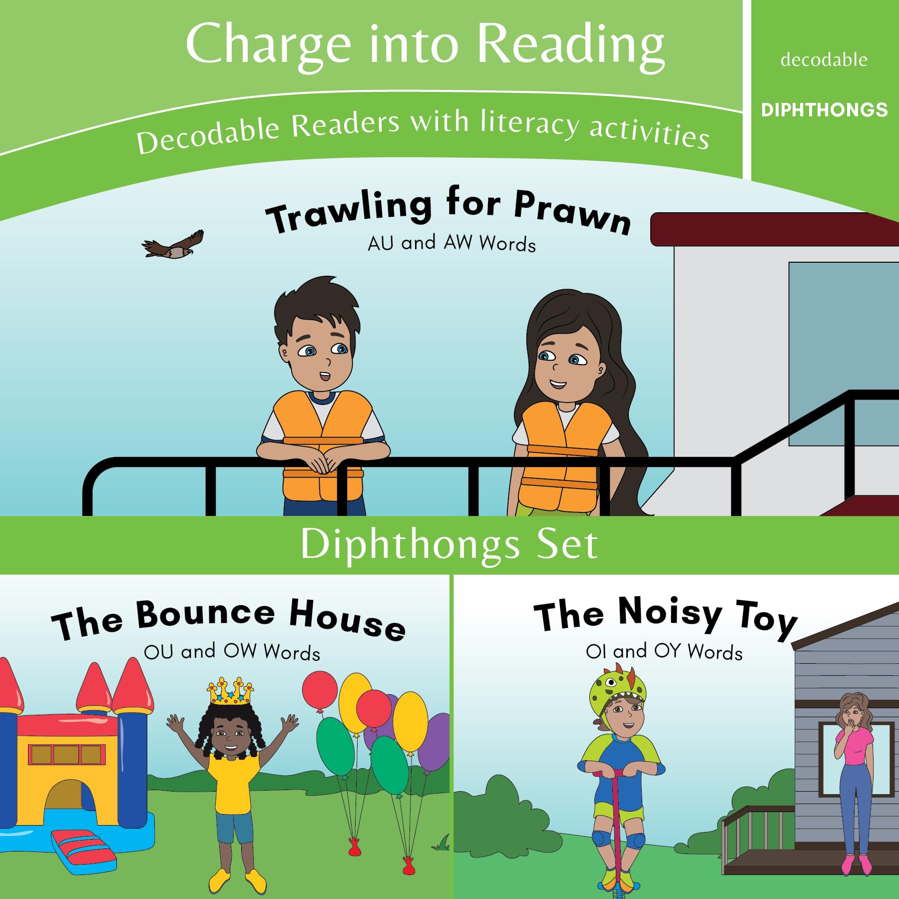 Charge into Reading Decodable Books (Stage 8): 3 Diphthong Decodable Readers to Help First and Second Grade Beginning Readers Learn to Read (OI, OW, and AW Sounds)