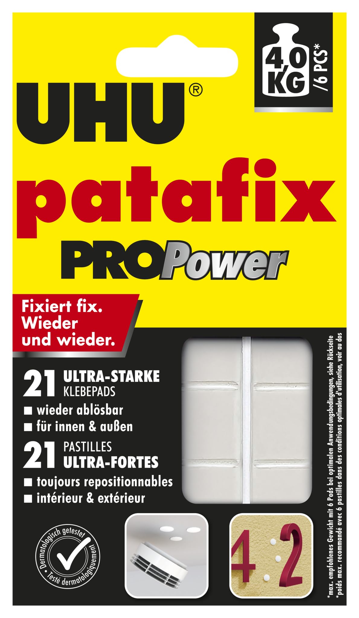 UHU 47905 patafix PROPower, ultra-starke Klebepads, fixiert Objekte bis zu 3kg (5 Packungen = 105 Klebestücke)