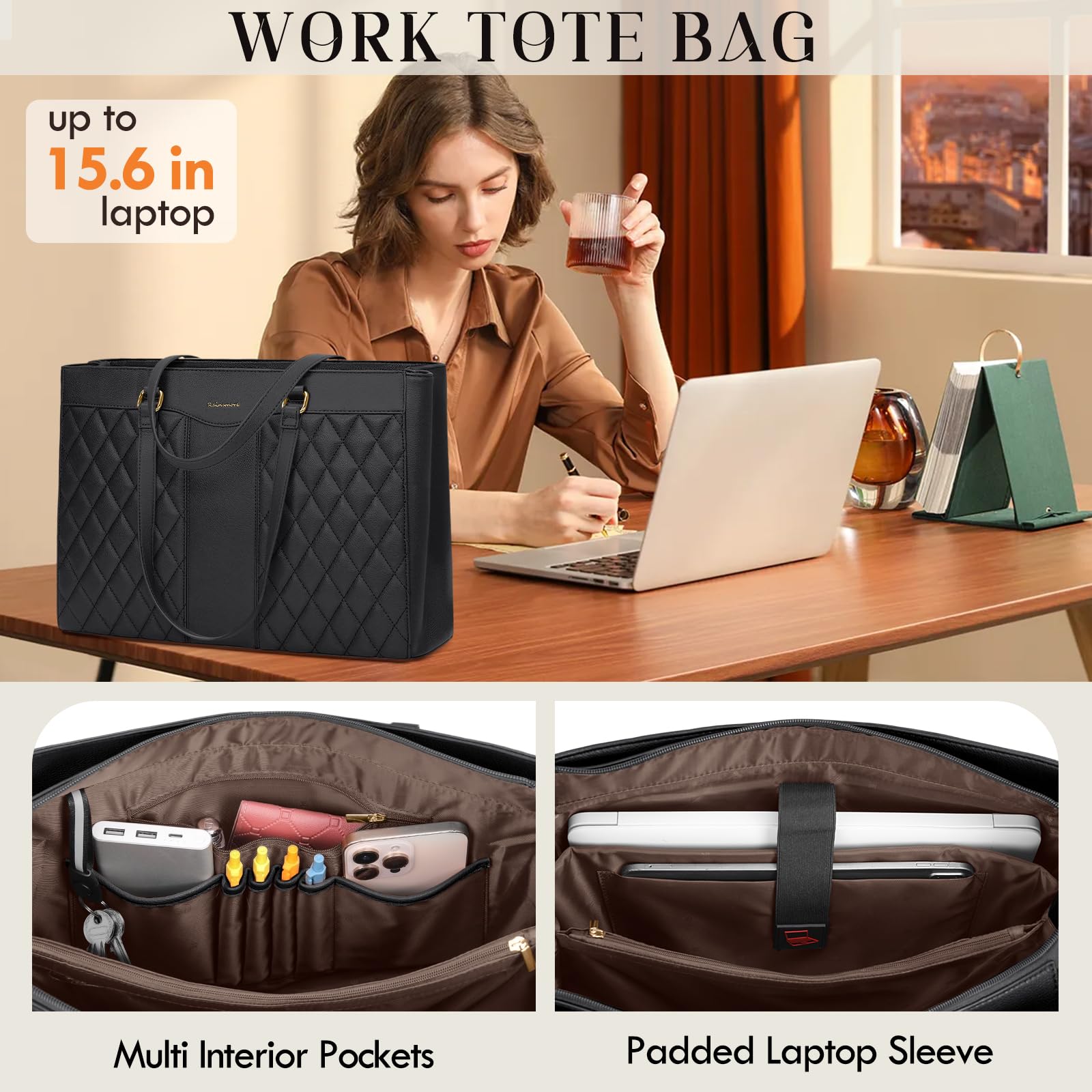 RAINSMORE Laptop Bags for Women 15.6 Inch Work Tote Bags with Clutch, Waterproof PU Leather Ladies Laptop Handbags for Office Business College Black - 3