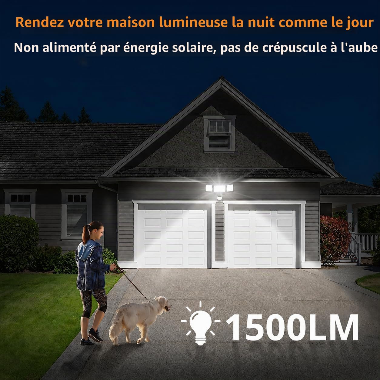 LEPOWER Projecteur LED à Piles pour l'Extérieur, 1500 LM, Lumières de Sécurité avec Détecteur de Mouvement, 5000 K, Étanchéité IP65, Projecteur Sans Fil à Piles, Détecteur de Mouvement à 3 Têtes pour