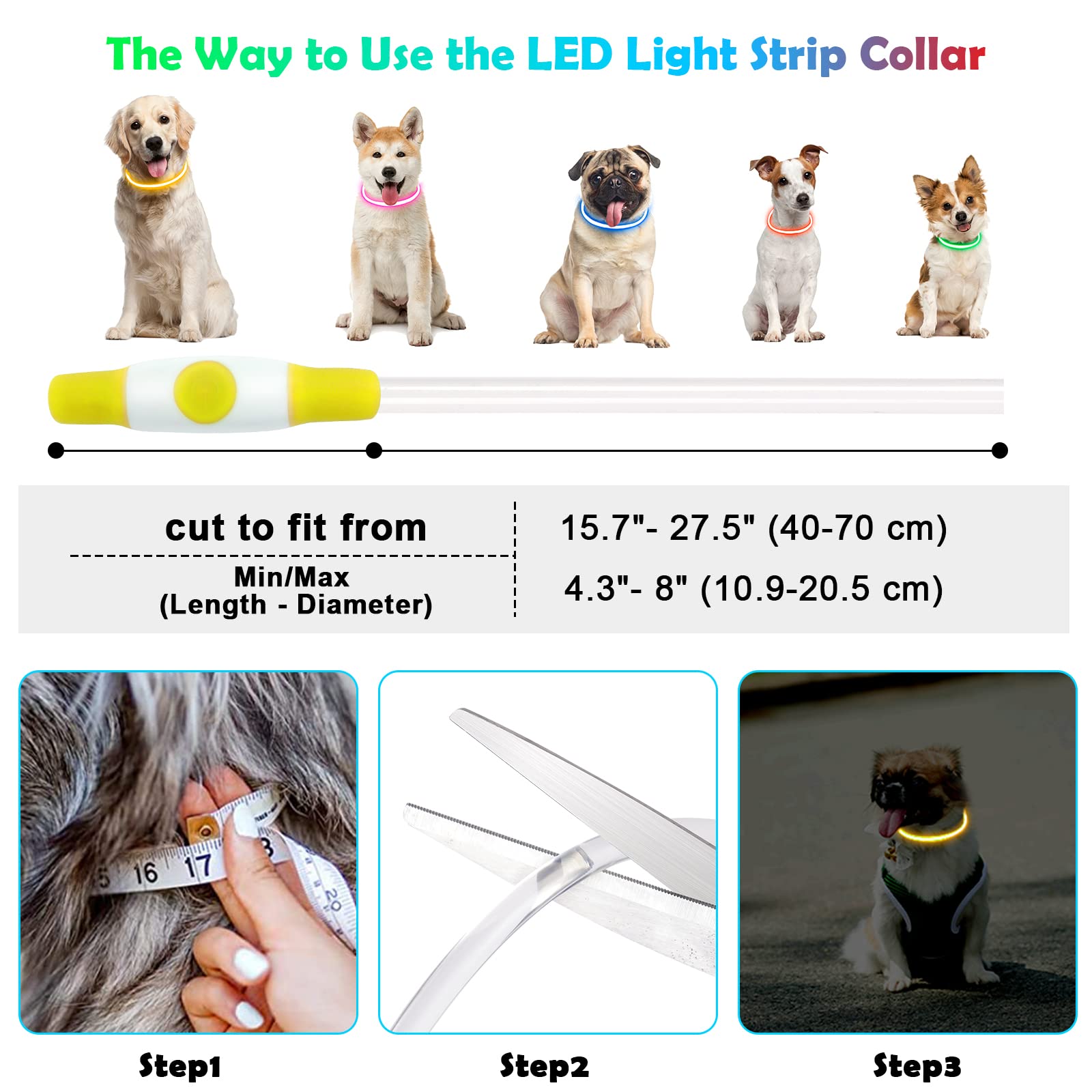 AUAUY Collare Luminoso per Cani, Collare per Animali Domestico LED Ricaricabile USB, Collare di Lunghezza Regolabile Impermeabile per Cani di Taglia Piccola Media Grande e Gatti (Giallo)