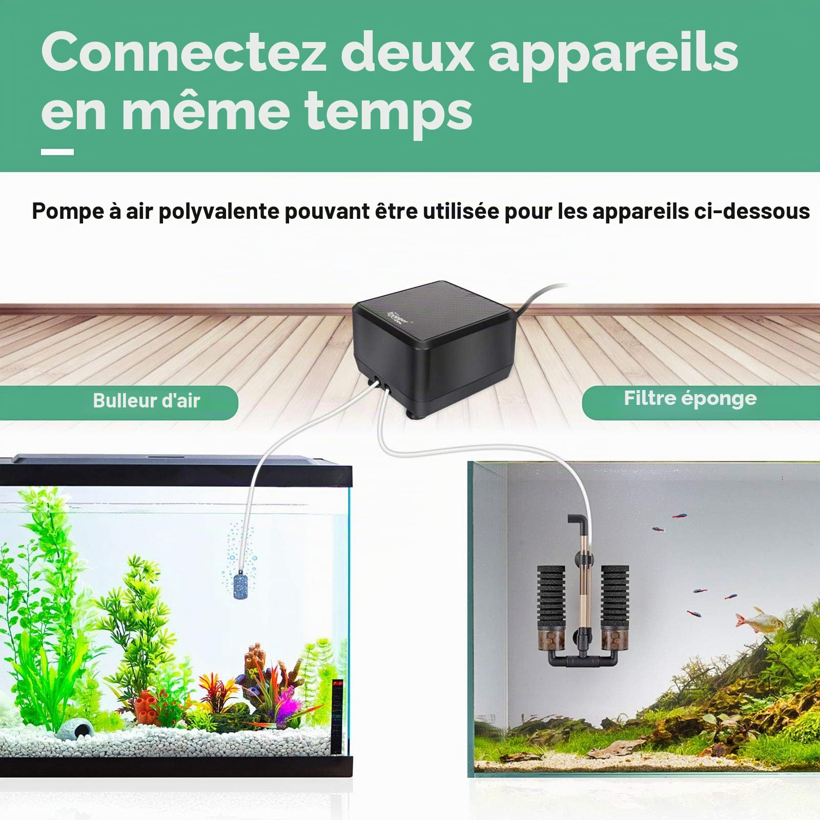hygger Pompe à air d'aquarium la plus silencieuse, pompe à oxygène réglable, 2 sorties d'air 5 W/10 W, ultra silencieuse, puissante pompe à aérateur