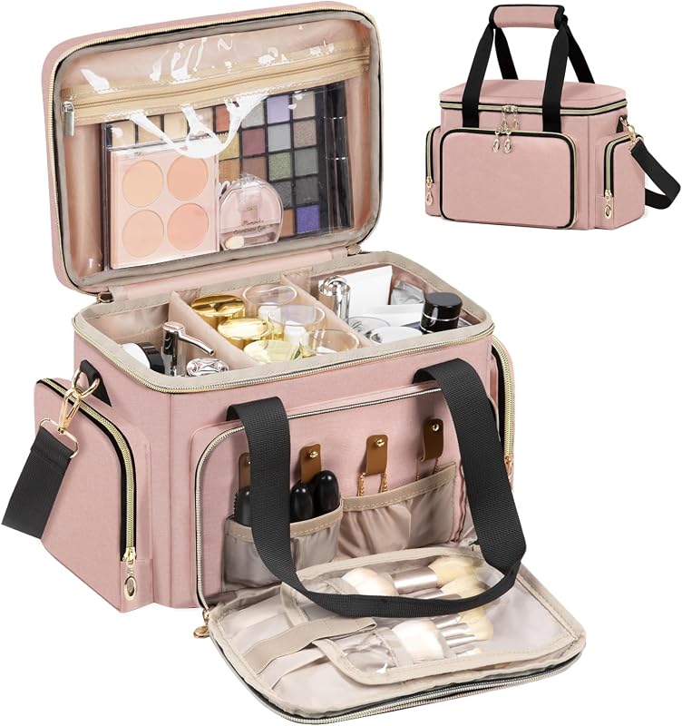 Necessaire grande GDNasist para maquiagem e viagem com divisórias removíveis, bolsa rosa com alça ajustável