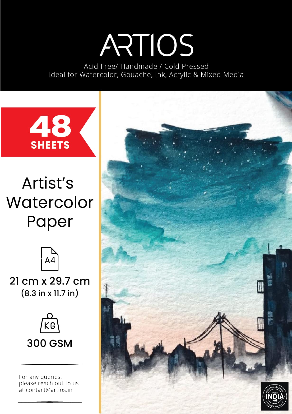 ARTIOS Watercolor Paper, 300 GSM, 100% Cotton, Handmade, A4, 48 Sheets