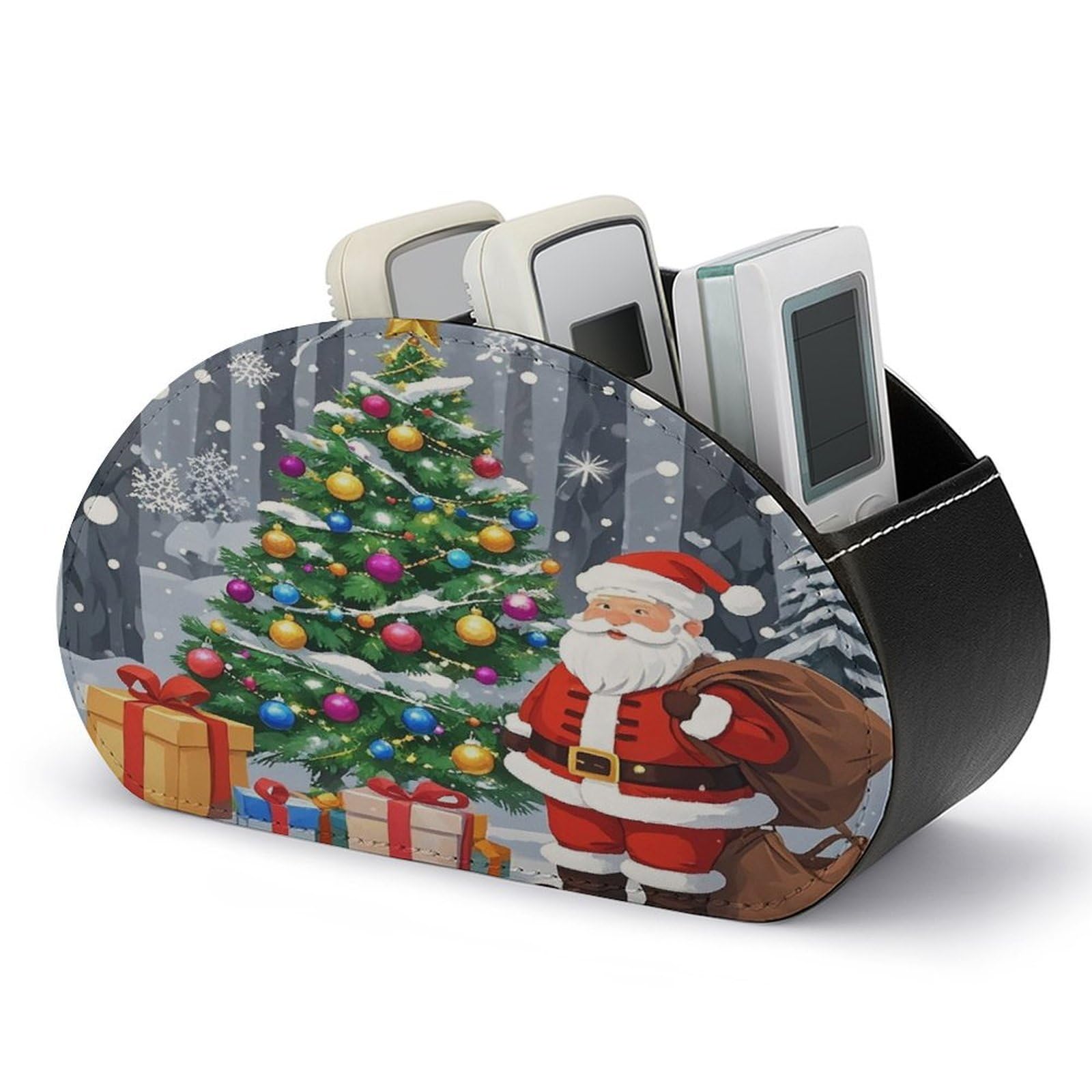 FekiLoot Christmas Santa Claus TV Remote Control Holder with 5 Compartments Multi-functional Leather Bedside Table Remote Caddy Desktop Storage Box for Store Pen Controller Media Player Cosmetic