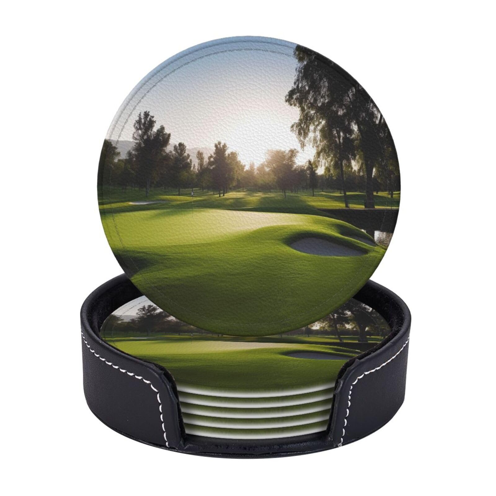 Round Coasters for Drinks Set of 6 - PU Leather Coasters with Holder - Modern Drink Coasters for Coffee Table - Golf Course Coaster for Tabletop Protection 4" Cup Mat Pad