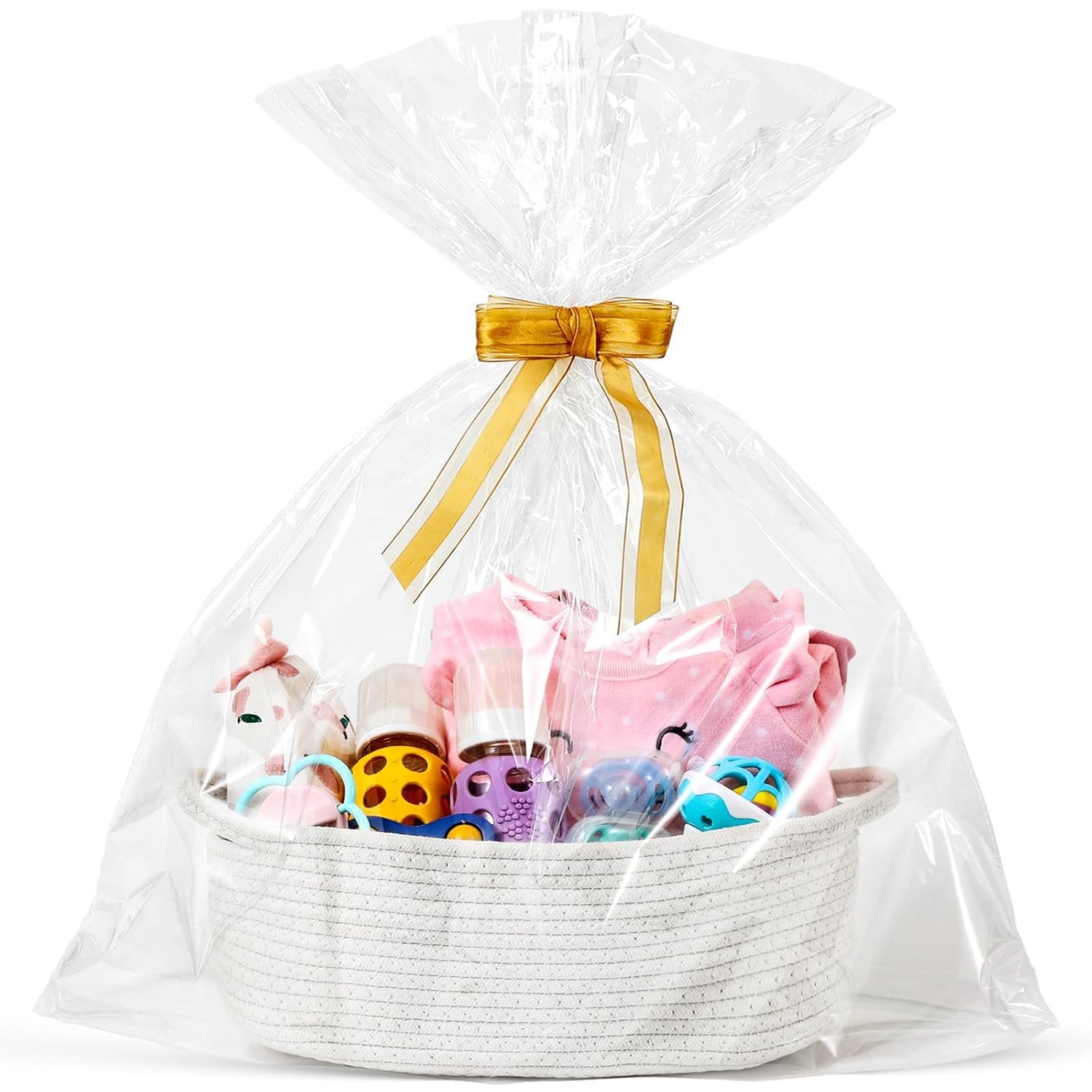 Hiseng Cesti Regalo Vuoto, Cestini Portaoggetti Intrecciato in Corda di Cotone con Sacchetti di Cellophane e Nastro, Cestini Regali per Natale, Matrimoni, Compleanni, Pasqua (Bianco,1