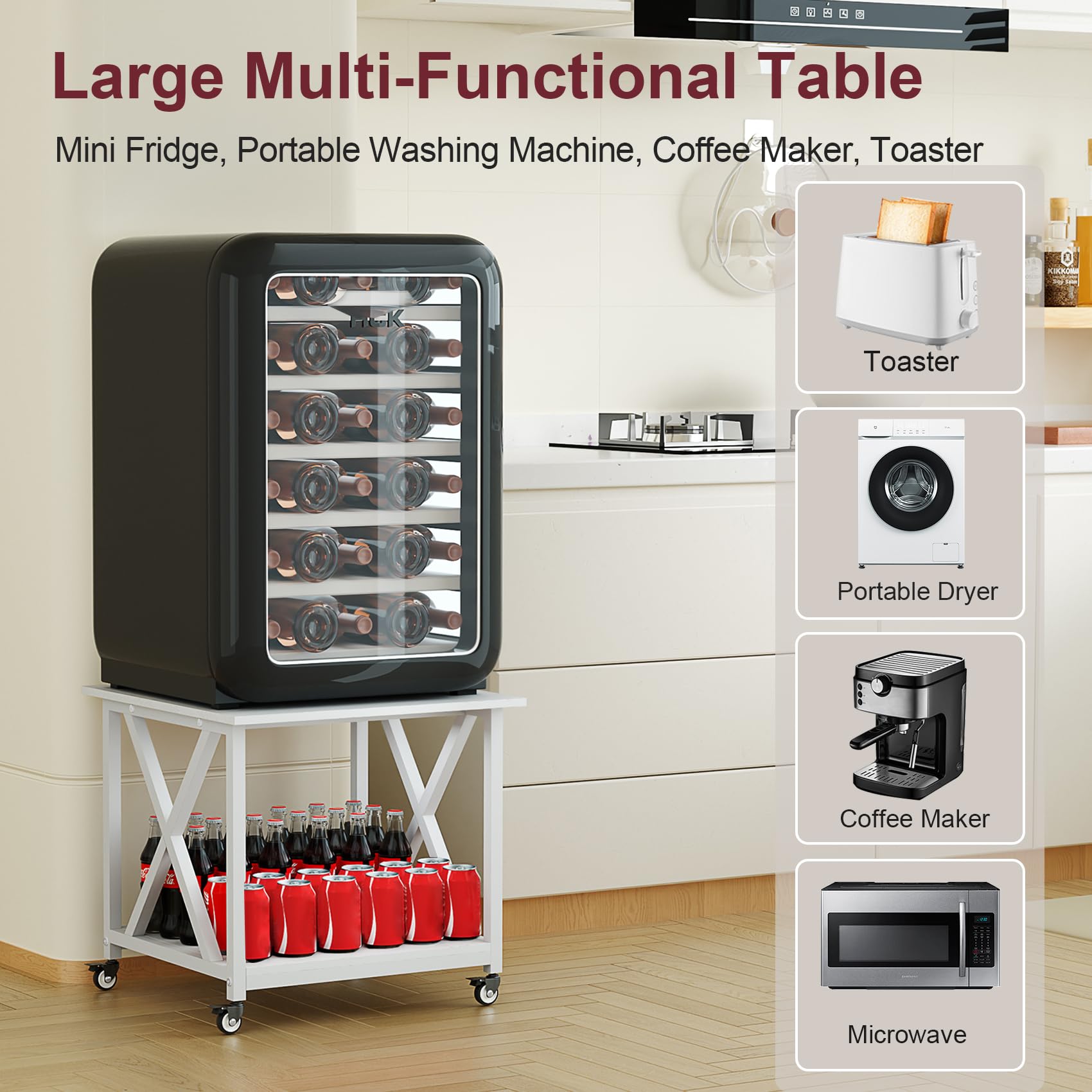 Carrito de impresora grande de 2 niveles y mesa de impresora con ruedas, soporte móvil de madera de 23.6 x 23.6 pulgadas para almacenamiento - para equipo de oficina en casa, lavadora/secadora 5