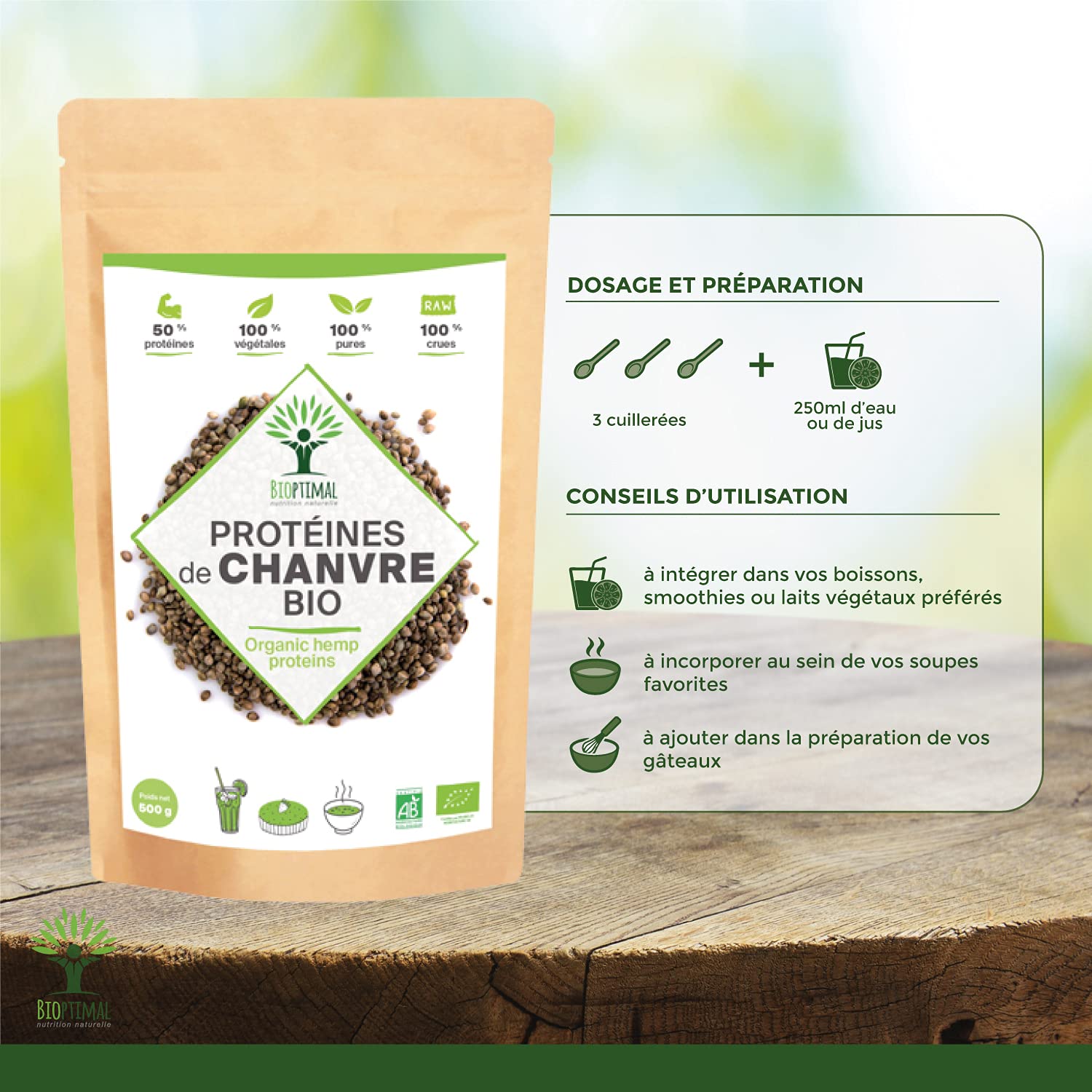 Protéine de Chanvre Bio - Bioptimal - 50% de Protéines - BCAA Oméga 3 Fibres - Poudre de Graine de Chanvre Crue - Cultivé en Europe - 100% Pur - Conditionné en France - Certifié par Ecocert - 500 g