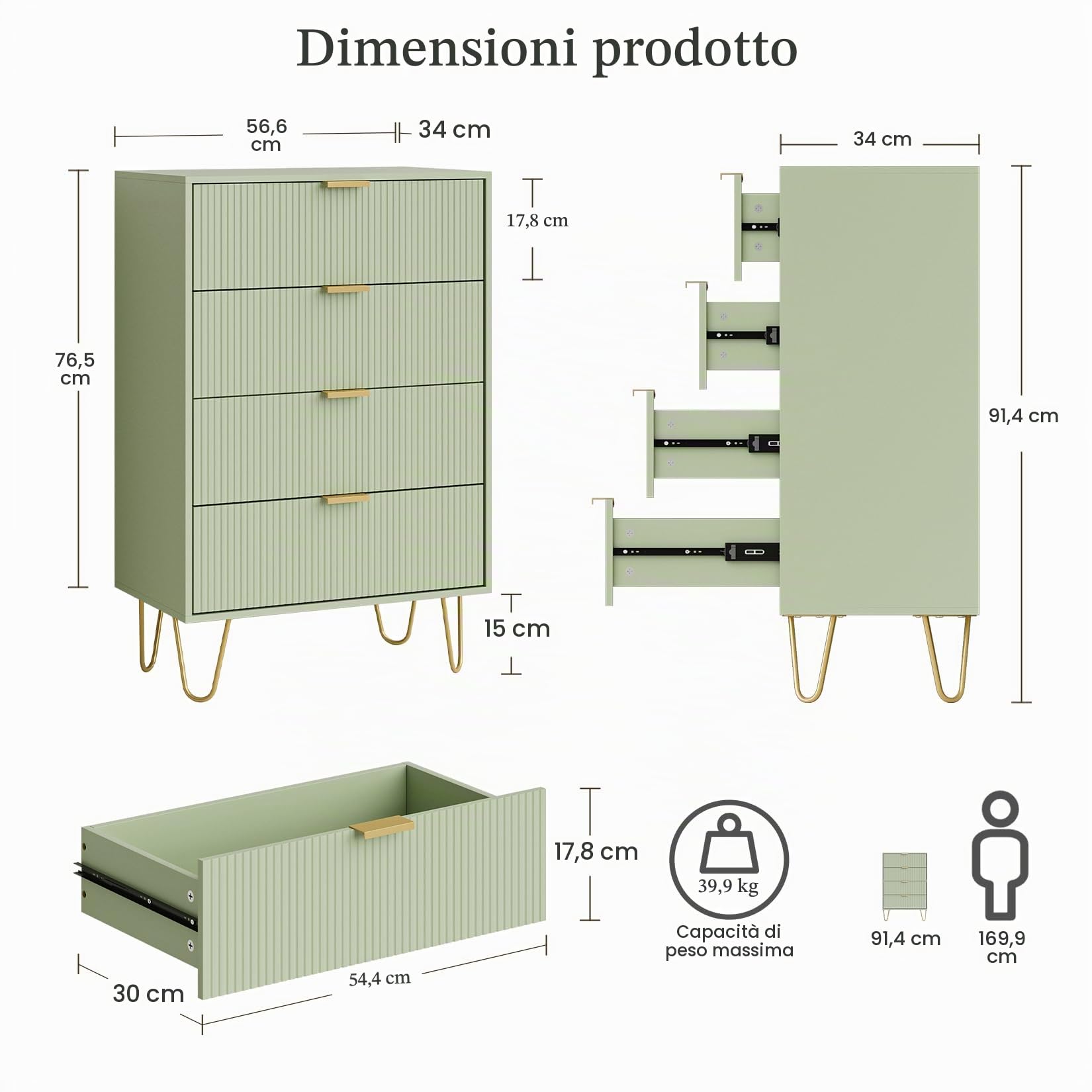 HEYZOEY Cassettiera con 4 cassetti, 34 x 60 x 91 cm, in legno con gambe dorate, moderno, boho, per camera da letto, corridoio, soggiorno, verde