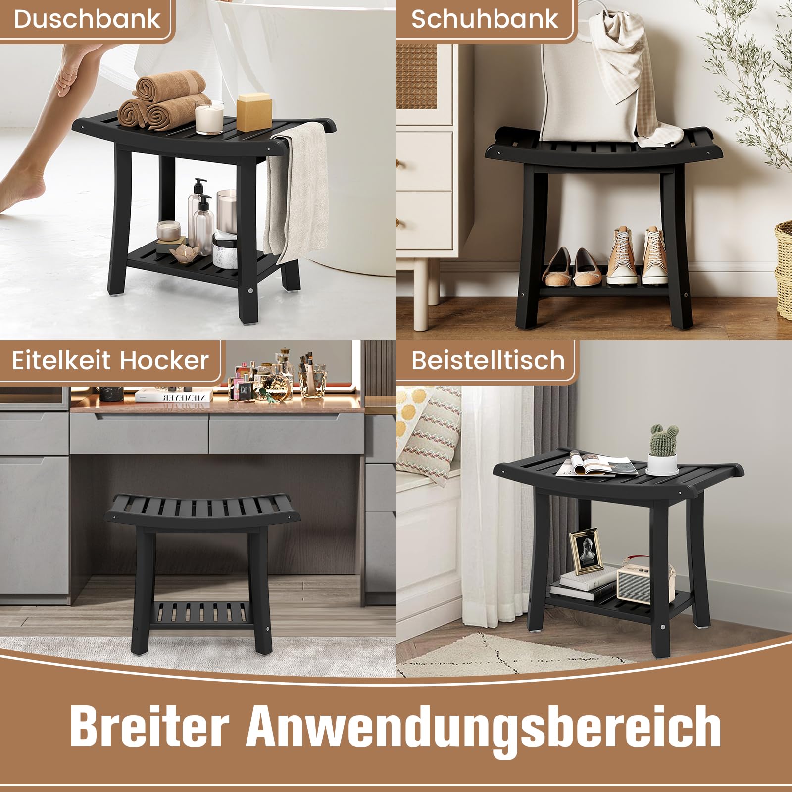 COSTWAY Duschbank Bad, Sitzbank mit Ablage, Badhocker 170 kg belastbar, Badezimmerbank Duschstuhl, Duschhocker für Erwachsene, Senioren, 60,5 x 34 x 48 cm (Schwarz)