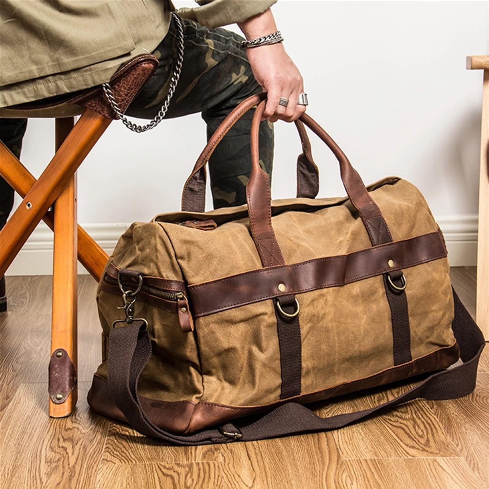 Reisetasche Wasserdichte gewachste Canvas-Leder-Herren-Reisetasche, Handgepäck-Tasche, Handgepäck, große Tragetasche, Vintage-Herren-Reisetasche, Wochenendtasche, große Übernachtungstasche(Green)