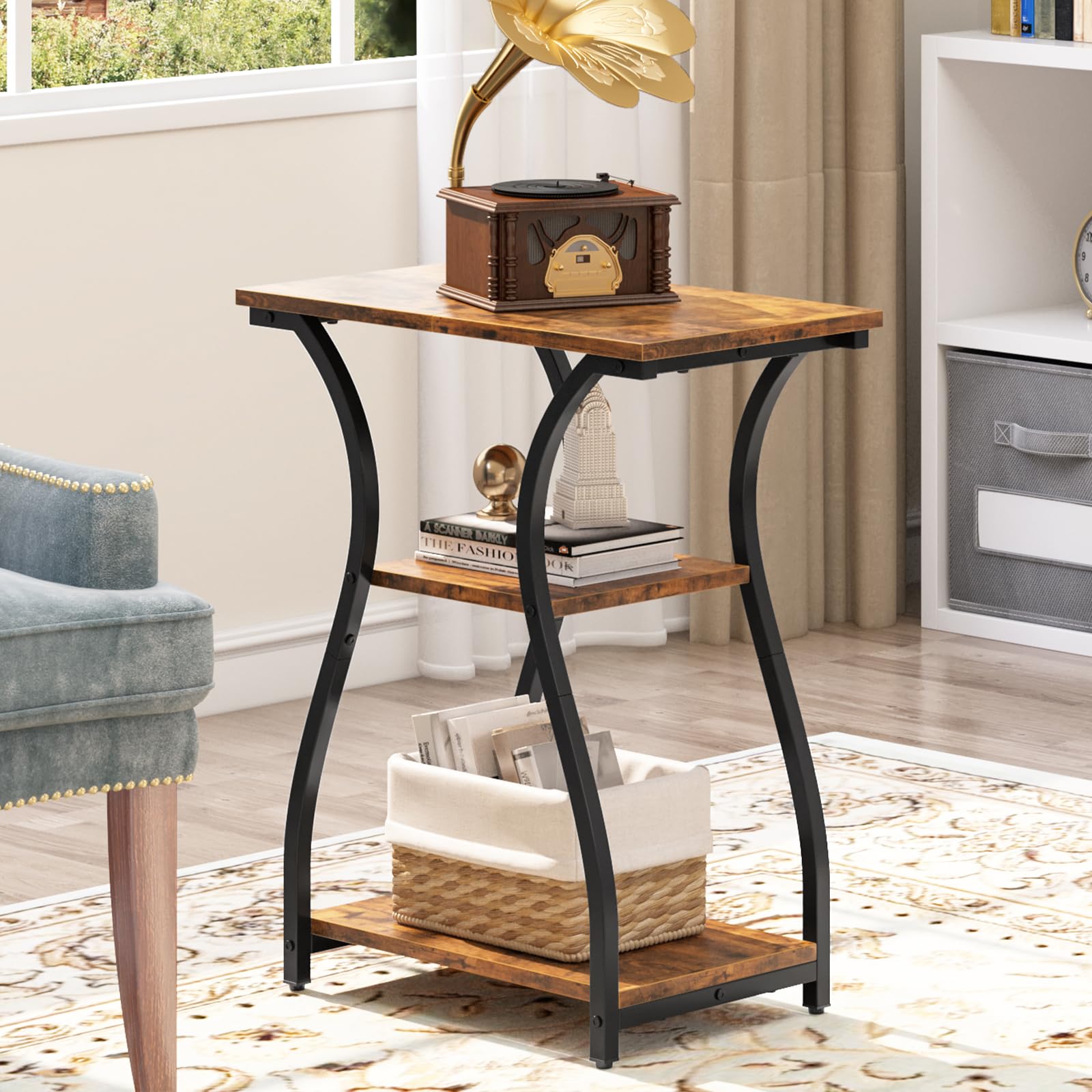 Heakrit 20" End Tables Living Room, 3 Tier Side Table Beside Sofa, Nightstand for Bedroom, End Table with Storage Shelf for Living Room (Brown)