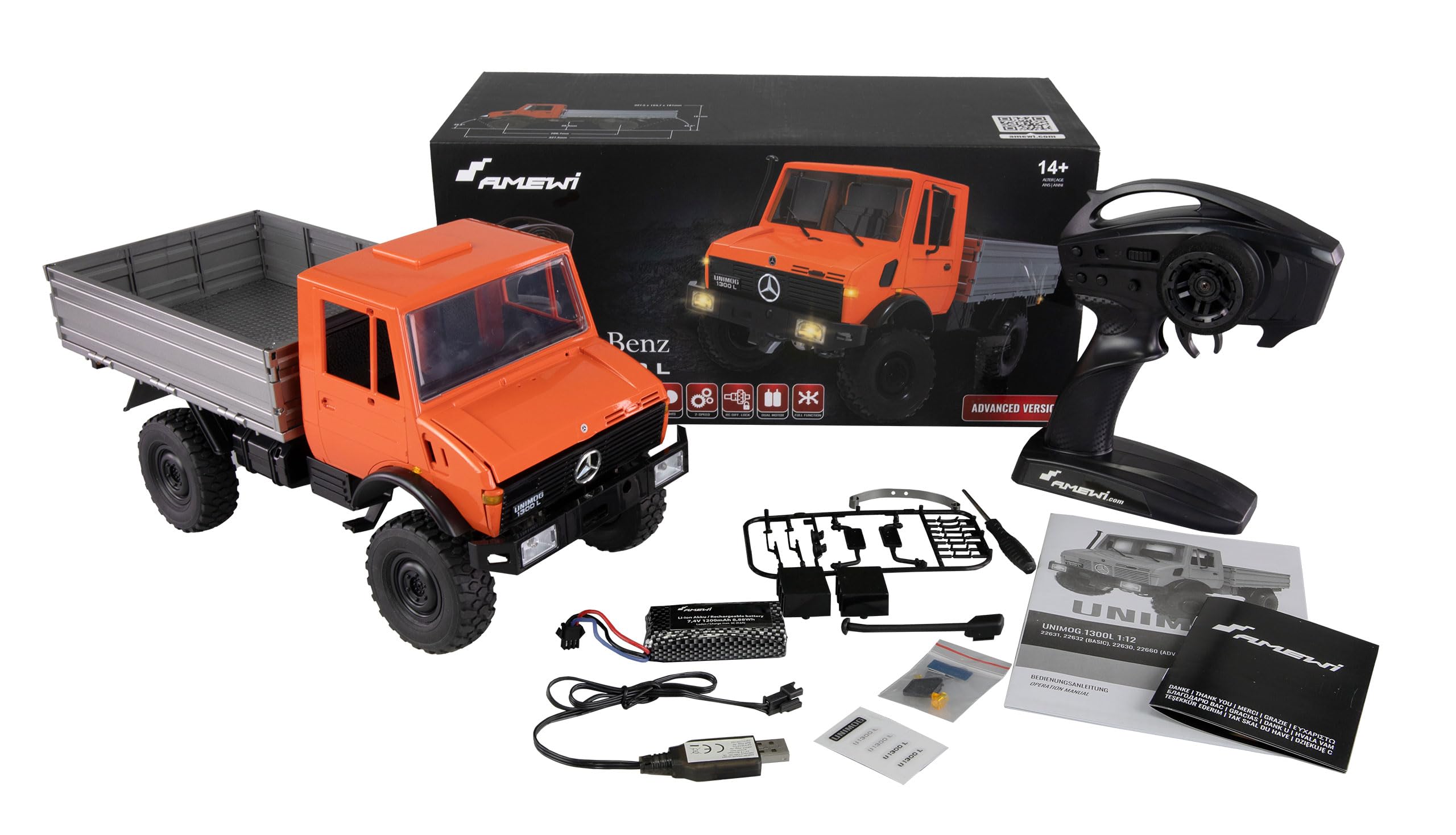 Amewi Mercedes-Benz Unimog Advanced 4WD 1:12 RTR pomarańczowy