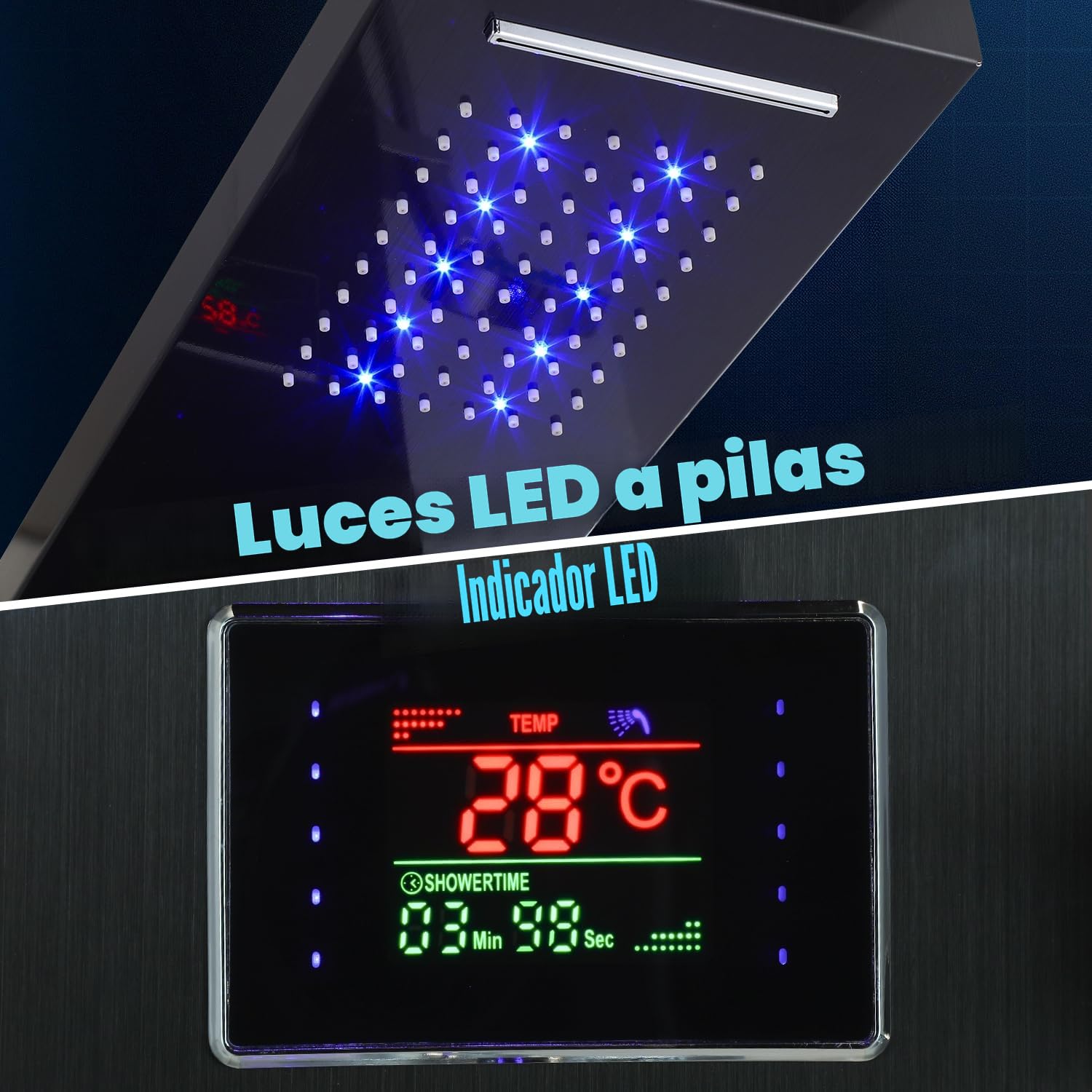 Panel de ducha LED 6 en 1 con grifo, columna de ducha de acero inoxidable 304 con 5 funciones de ducha, iluminación LED, diseño negro/acero inoxidable, montaje en pared para baño