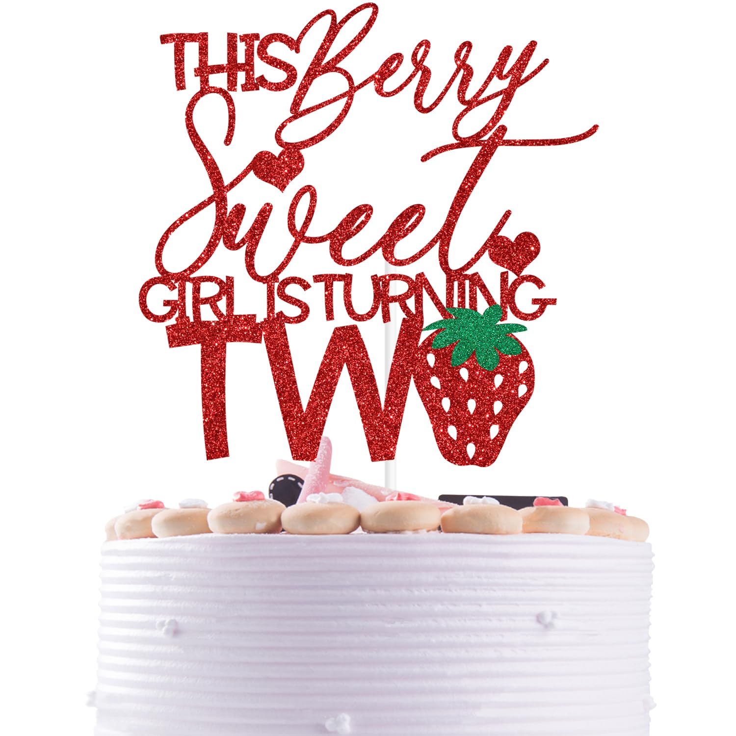 Red Glitter This Berry Sweet Girl is Turning Two Cake Topper, Berry Sweet Two/Strawberry Two, Strawberry Themed Baby's 2nd Birthday Party Decorations