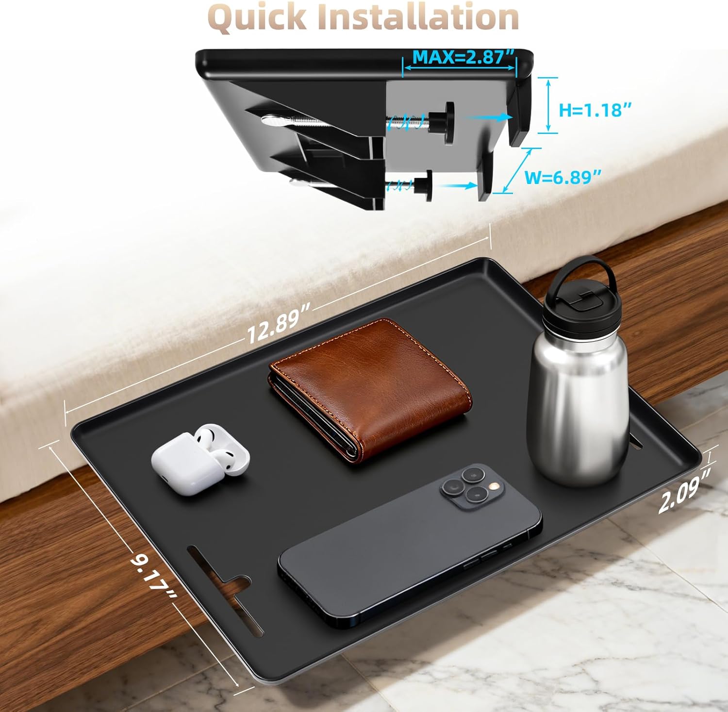 Bedside Shelf Dorm Bunk Bed, Bedside Caddy Shelf Dorm Bed, No Drill College Nightstand Organizer for Personal Items Books Glasses Apartment Bedroom Compact Space Solution Small+Black - Image 2