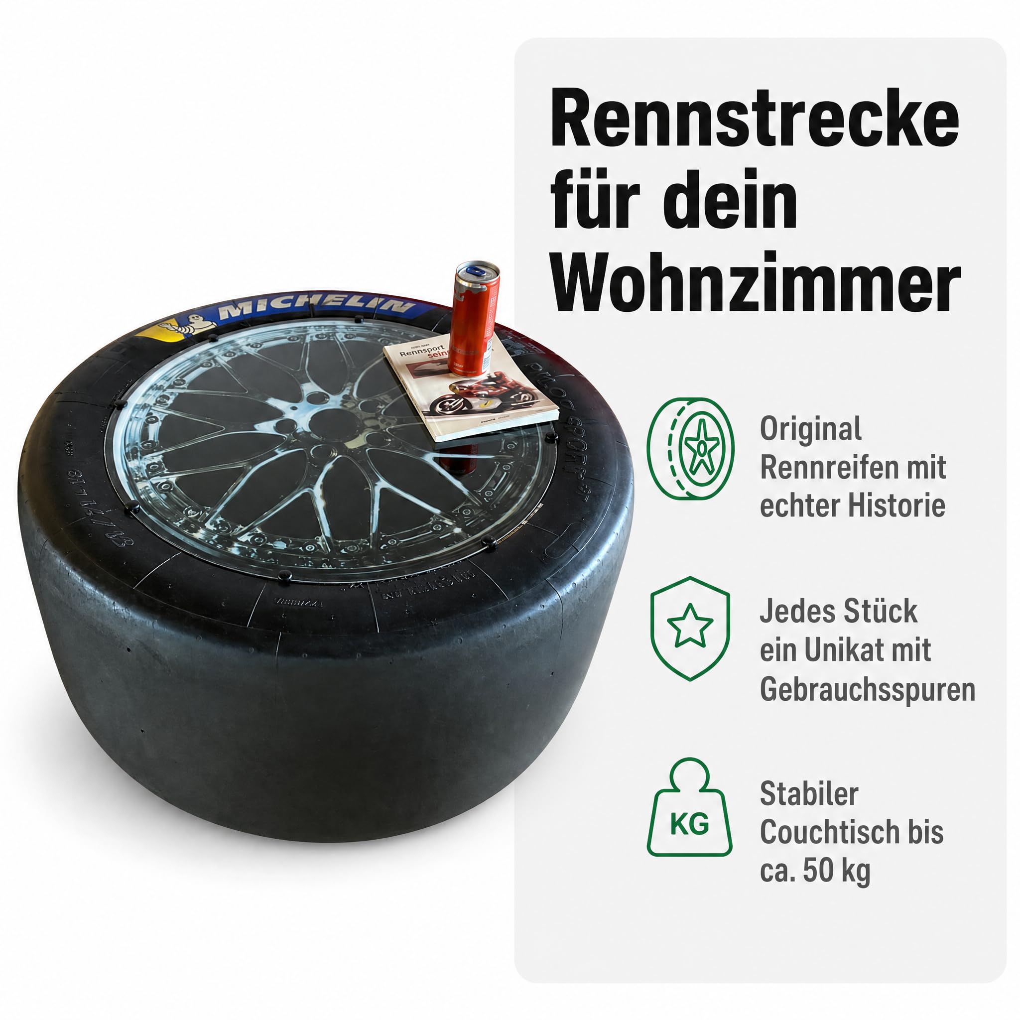 [ORIGINAL Reifen] Reifen Tisch mit PC Platte | Orginalreifen aus DTM, GT Masters & LMP Serie Rennreifen Tisch mit echten Gebrauchspuren | Motorsport Geschenk für Männer & Frauen | Originaler Rennslick als Upcycling-Unikat mit PC-Tischplatte – das ausgefal