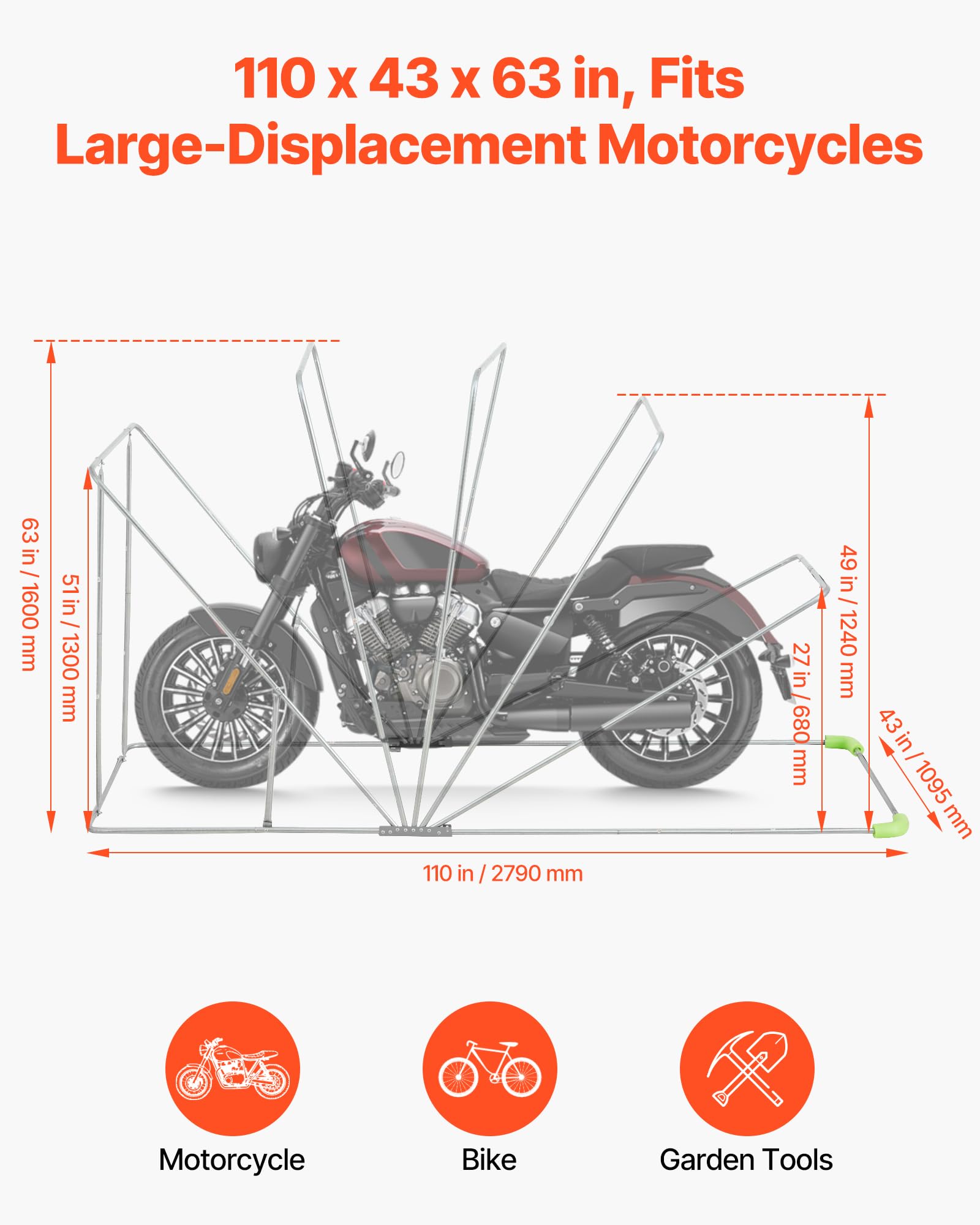 VEVOR Motorrad Zeltgarage, Motorrad Abdeckplane 2790x1095x1600 mm, Motorradgarage mit Sicherheitsschloss, 600D Oxford-Klappzelt, Allwetter-Motorradabdeckung mit Belüftungsfenstern, Schwarz
