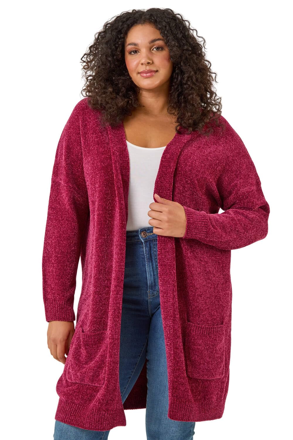 Roman Curve Textured Chenille Knit Cardigan for Women UK - Ladies Everyday Autumn Winter Comfy Soft Evening Vacation Work Party Night Out - Red Plus - Size 2224