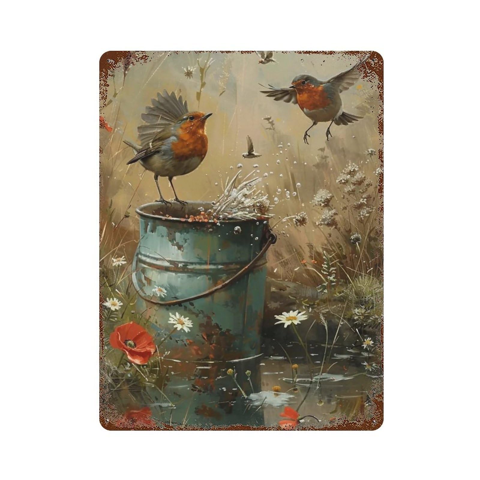 HDURYEYRYY Two Robin Birds Pond 03 Wall Retro Iron Vintage Art Metal Tin Sign Poster Modern Home Cofffee Club Art Bar Shop Decor Style 40x30cm