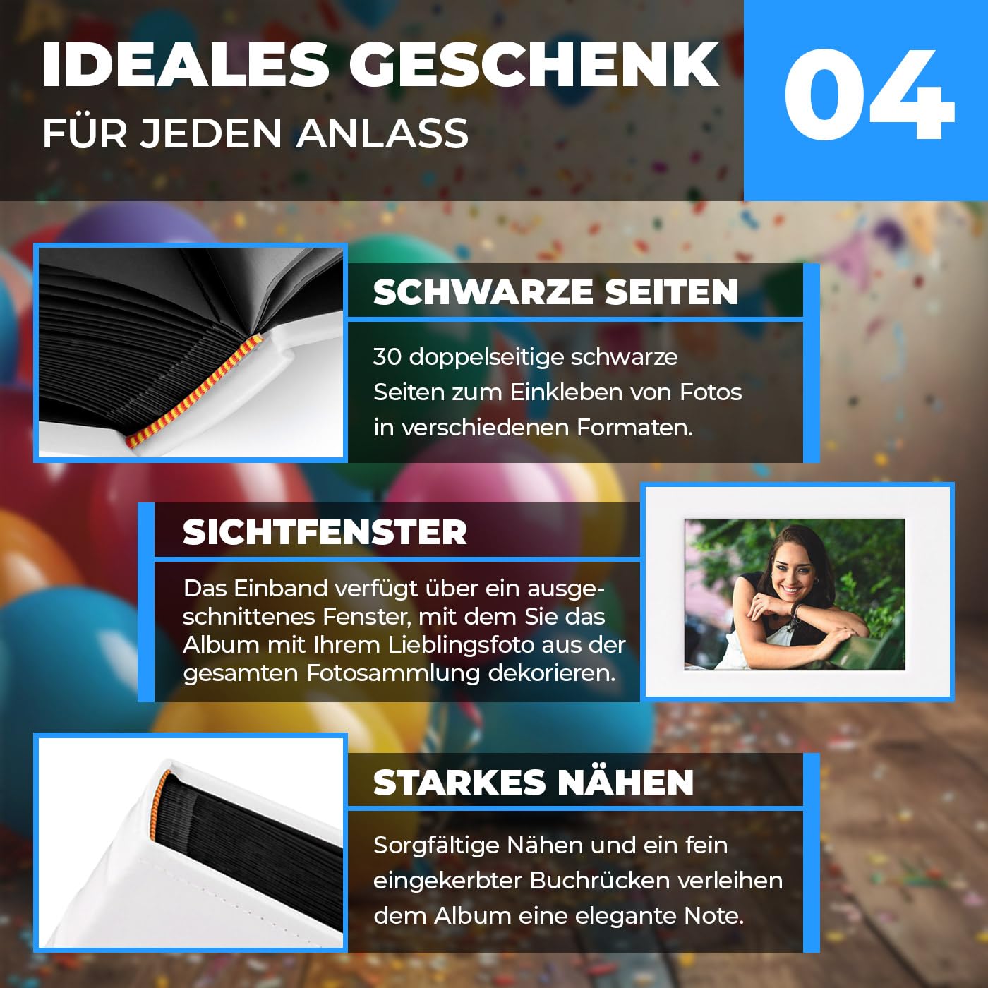 Maverton Fotoalbum zum Selbstgestalten mit Bildausschnitt mit Aufdruck - für 240 Fotos 10x15-60 schwarze Seiten - Größe 33x30cm - Weiß - personalisierte Geschenke - Geburtstagsgeschenk für Frauen