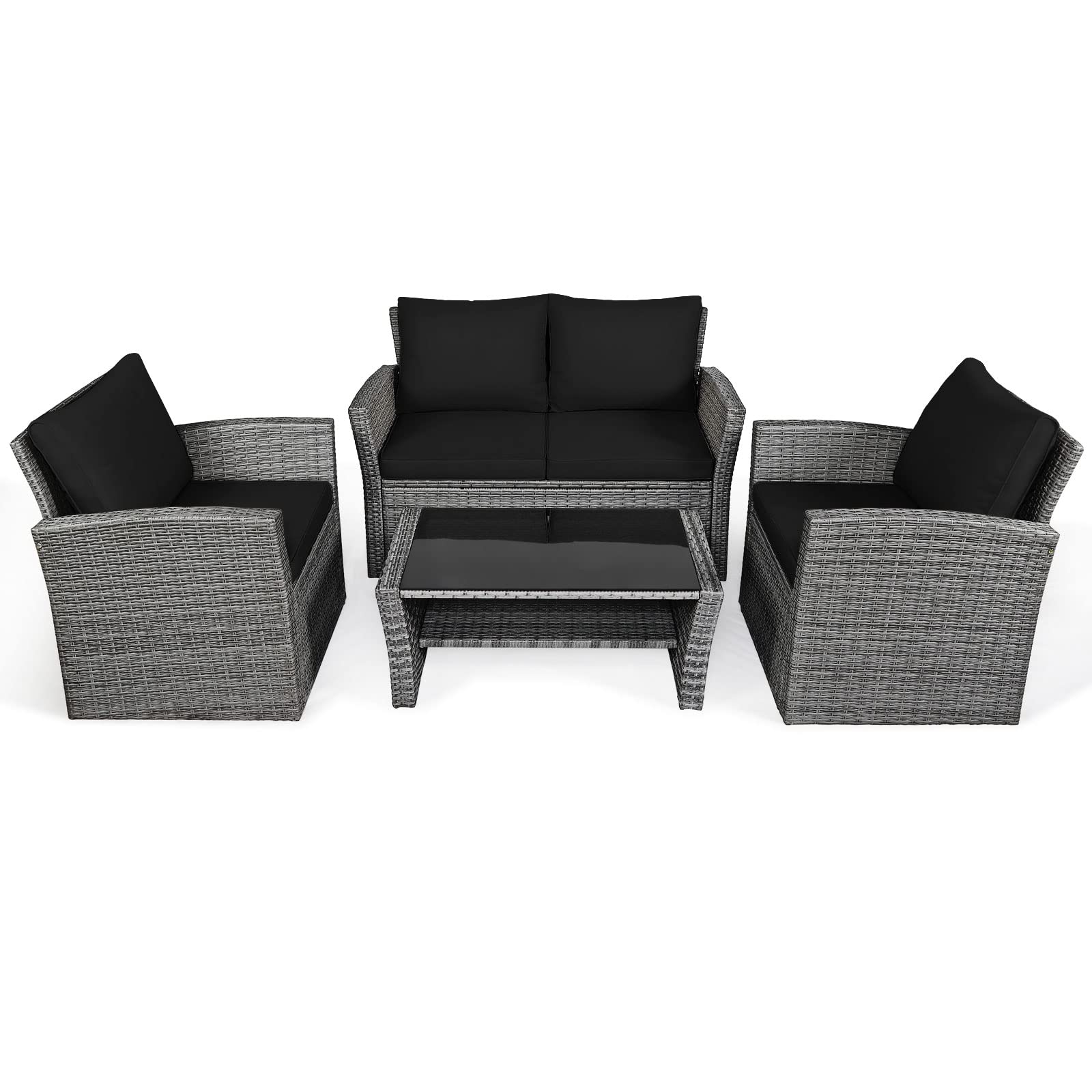 COSTWAY 4 Pieces Patio Rattan Furniture Set, Outdoor Wicker Sofa Set with Tempered Glass Coffee Table, Cushions, All Weather Rattan Conversation Set for Yard Balcony Backyard Pool, Black
