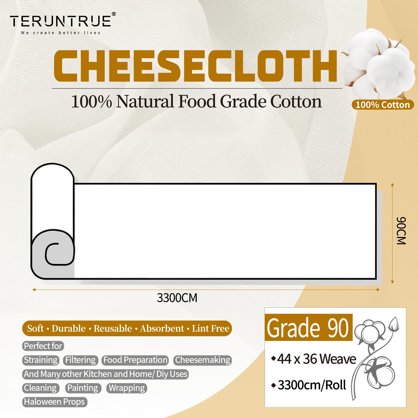 Garza Alimentare,Filtrante per Alimenti 90×3300cm, Panno per Formaggio,Cheese Cloth,Tessuto Filtrante,Riutilizzabili Cotone Naturale non sbiancata, per Succhi di Frutta, Tofu, Caffè(Grade 90)