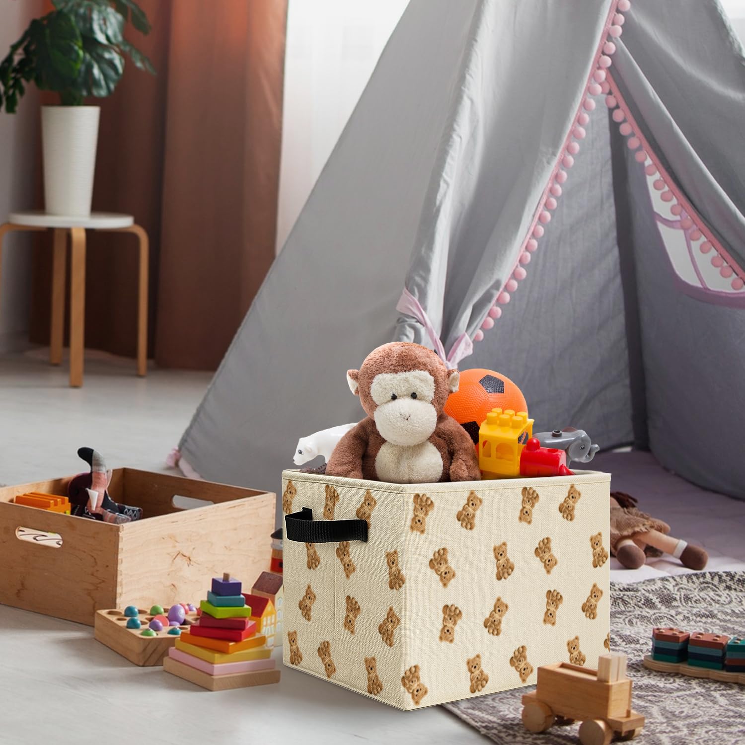Cute Bear Kids Storage Bins Box with Handles, Bear Nursery Decor, Brown Bears Animal Laundry Basket Hamper Collapsible Clothes Toys Organizer for Kids Room Nursery Playroom Bathroom