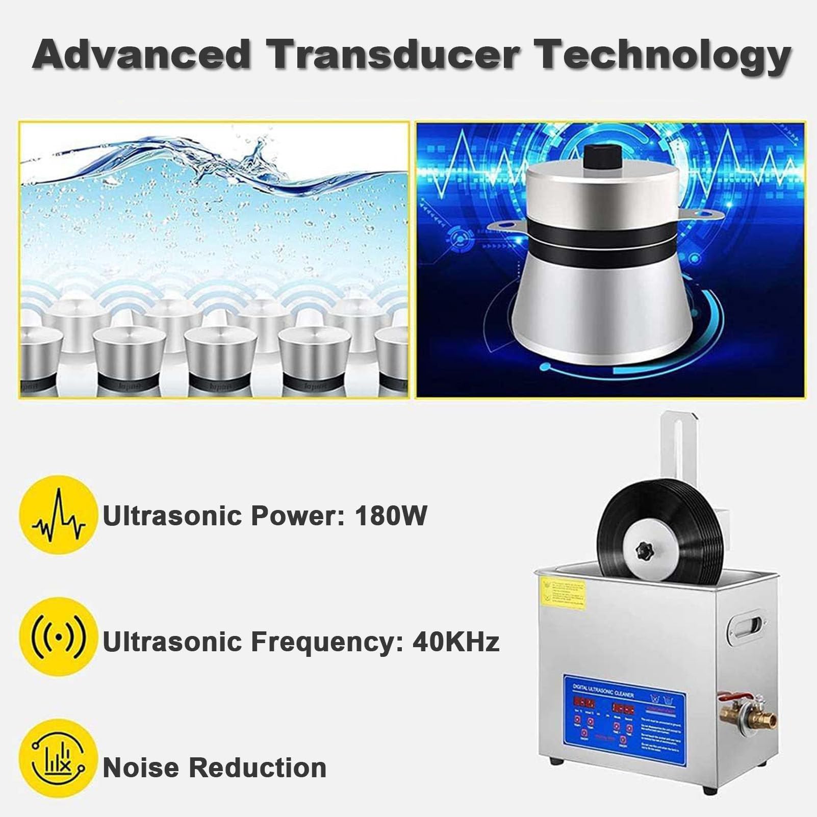6L di detergente per ultrasuoni record in vinile, macchina per pulitore ad ultrasuoni portatile 180 W con timer e rotante automatico 0-30 minuti, nessun danno alla superficie di registrazione