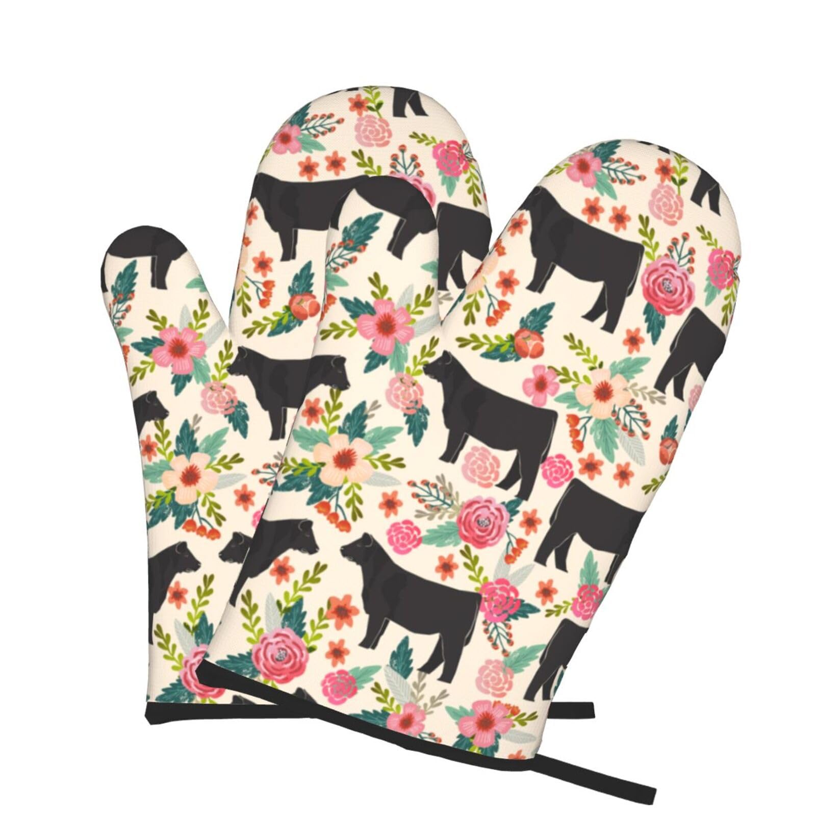Oven Mitts Set of 2 Pcs, Flower Show Steer Cows Cattle Prints Heat Resistant Kitchen Gloves for Cooking Baking Grilling