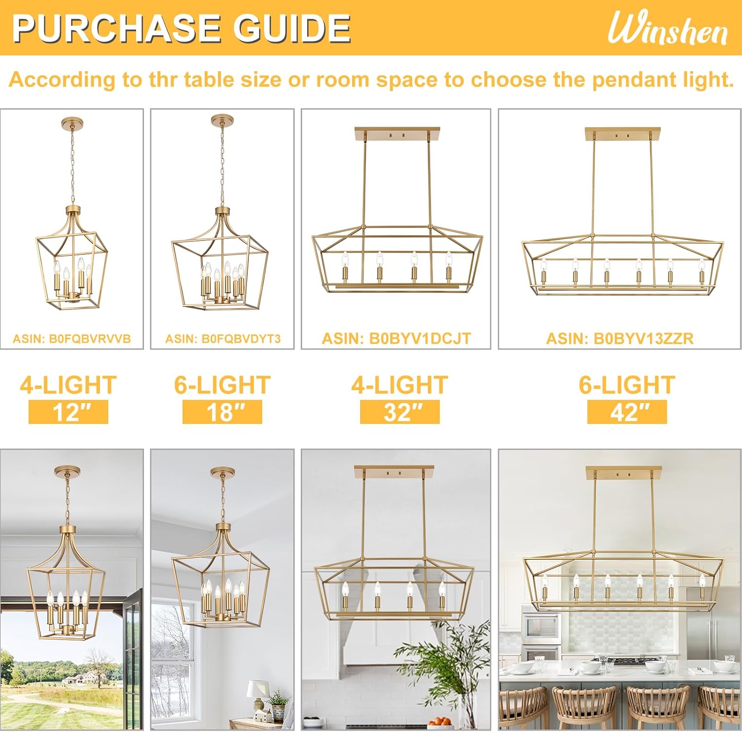 4-Light Gold Lantern Chandelier Adjustable Height, Kitchen Island Lighting Hanging Ceiling Pendant for Over Table Dining Room Foyer, E12 Bulb Base