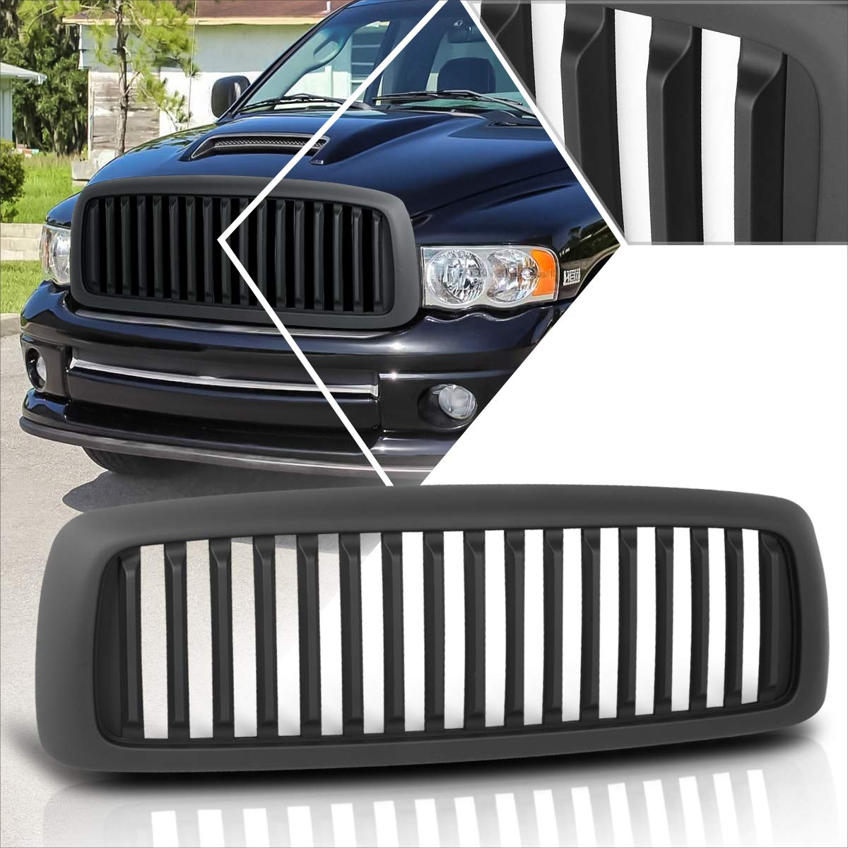Vertical Fence Style Front Bumper Grille Grill Compatible with 02-05 Dodge Ram 1500-3500,Matte Black