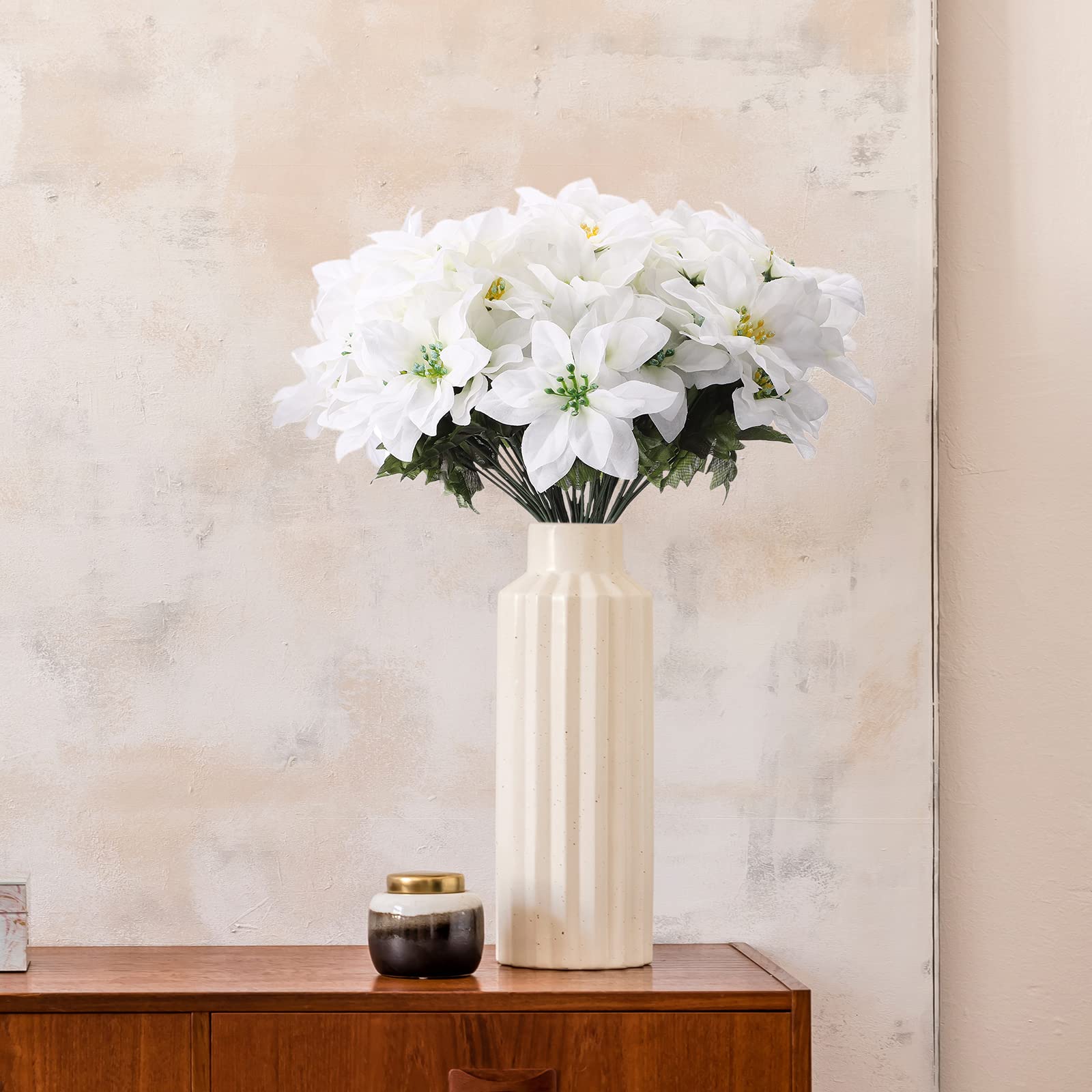 Flores Artificiales de Navidad, Flor de Pascua, 4 Piezas, Ramas Blancas de Flor de Pascua con 7 Cabezas, arbustos Artificiales de Flor de Pascua para la decoración navideña del hogar.