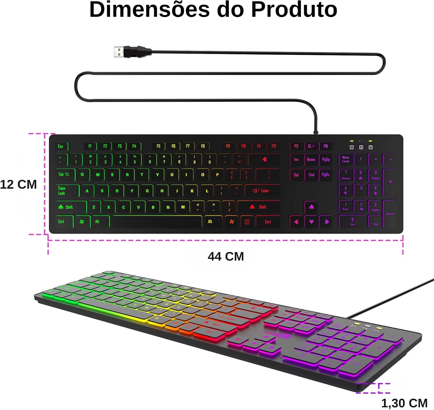Teclado Gamer LED RGB USB ABNT2 com Fio, 107 Teclas, Anti-Ghosting, Padrão Brasileiro com Tecla ''Ç'' – Compatível com PC/Windows/Linux/Mac, com Iluminação Rainbow, Macio e Silencioso