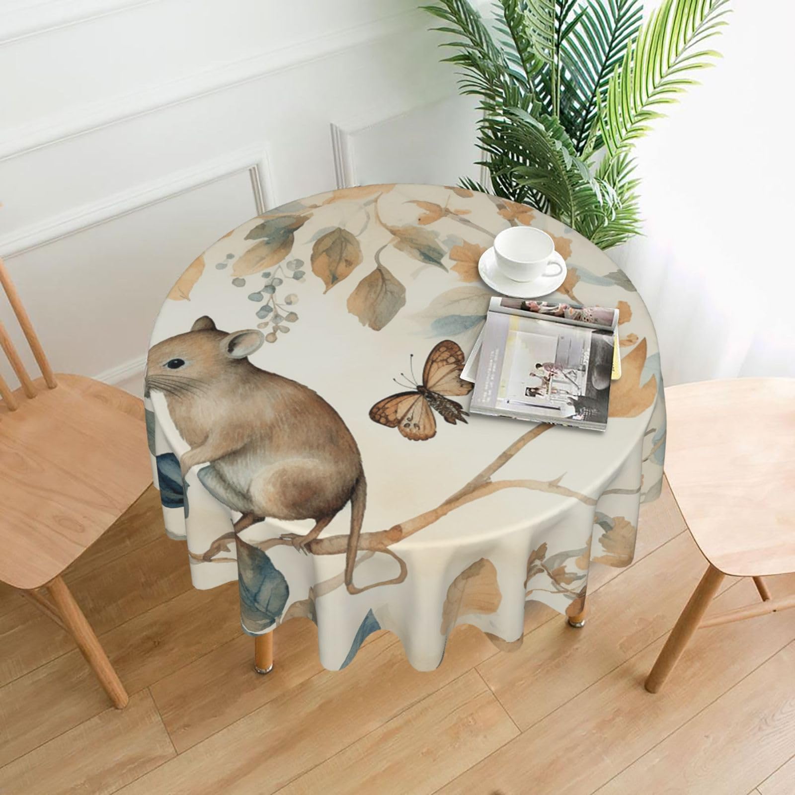 QMKFWT Mice and Leaves Printed Round Tablecloth,Dust-Proof Wrinkle Resistant Table Cover Washable Polyester Table Cloth for Kitchen Dining Room Farmhouse Picnic Indoor Outdoor(Round 60 Inch)