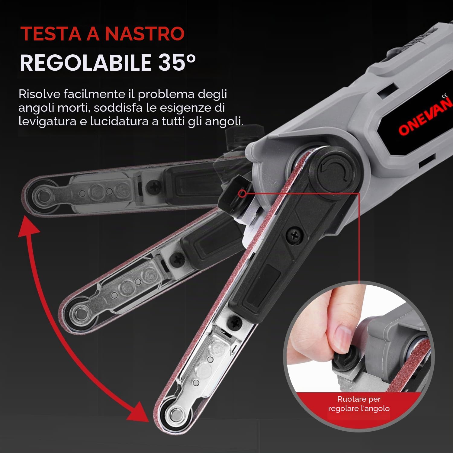 ONEVAN levigatrice a nastro senza fili, lima elettrica con 2 batterie da 2000 mAh, 6 velocità, regolabile a 35°, smerigliatrice a nastro a batteria per legno, metallo, incl. 3 nastri abrasivi