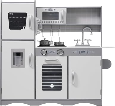 BTM Wooden Pretend Play Refrigerator, Kitchen with Light, Sounds, Kitchen, Water Server, Phone, Dishwasher, Cookware Included, Seasoning, Educational Toy, Stove, Microwave, Household Chore Toy, Kids