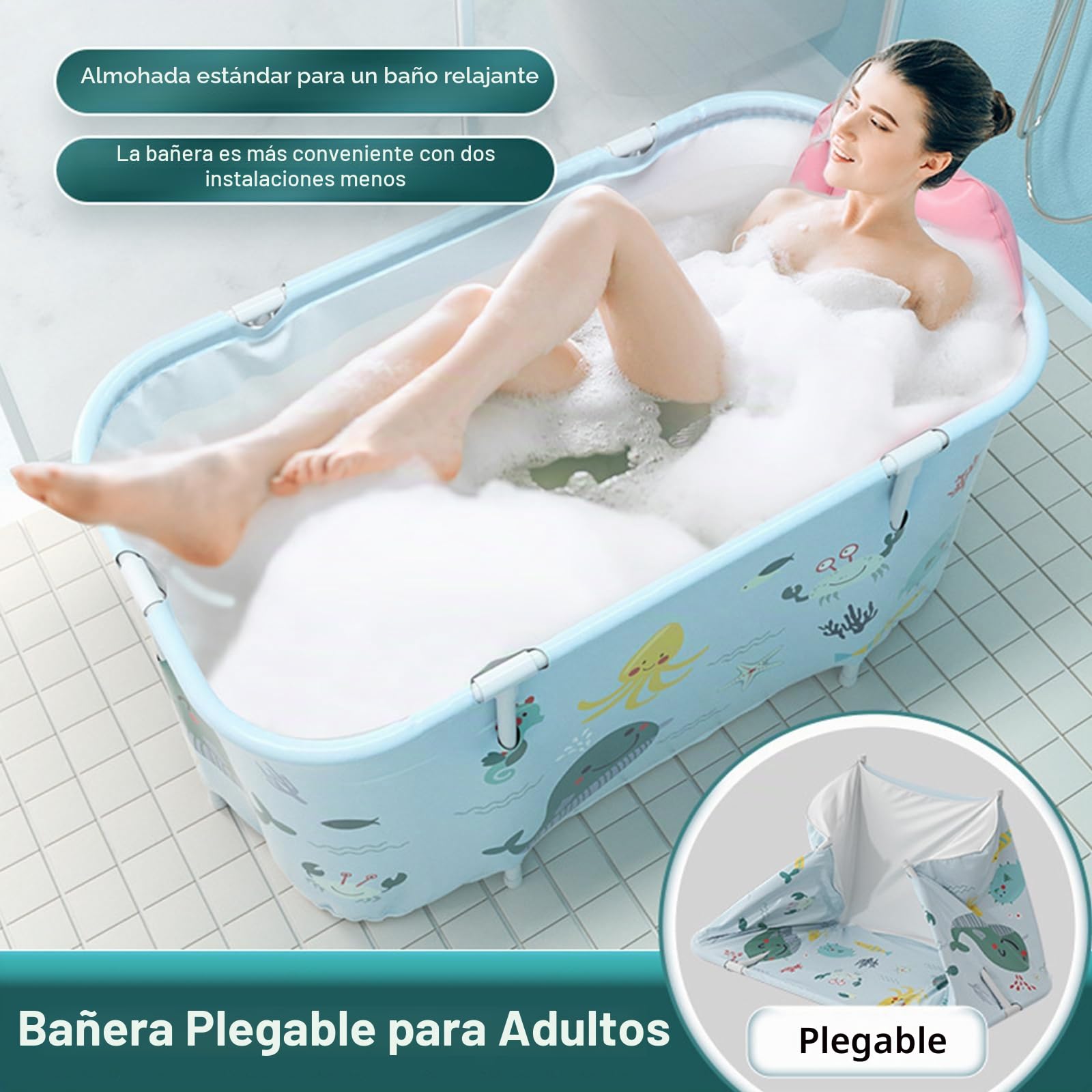 Bañera plegable para adultos, 140 x 50 x 55 cm, bañera móvil portátil con cojín y respaldo, bañera SPA para ducha, bañera plegable independiente para adultos y niños, estilo océano