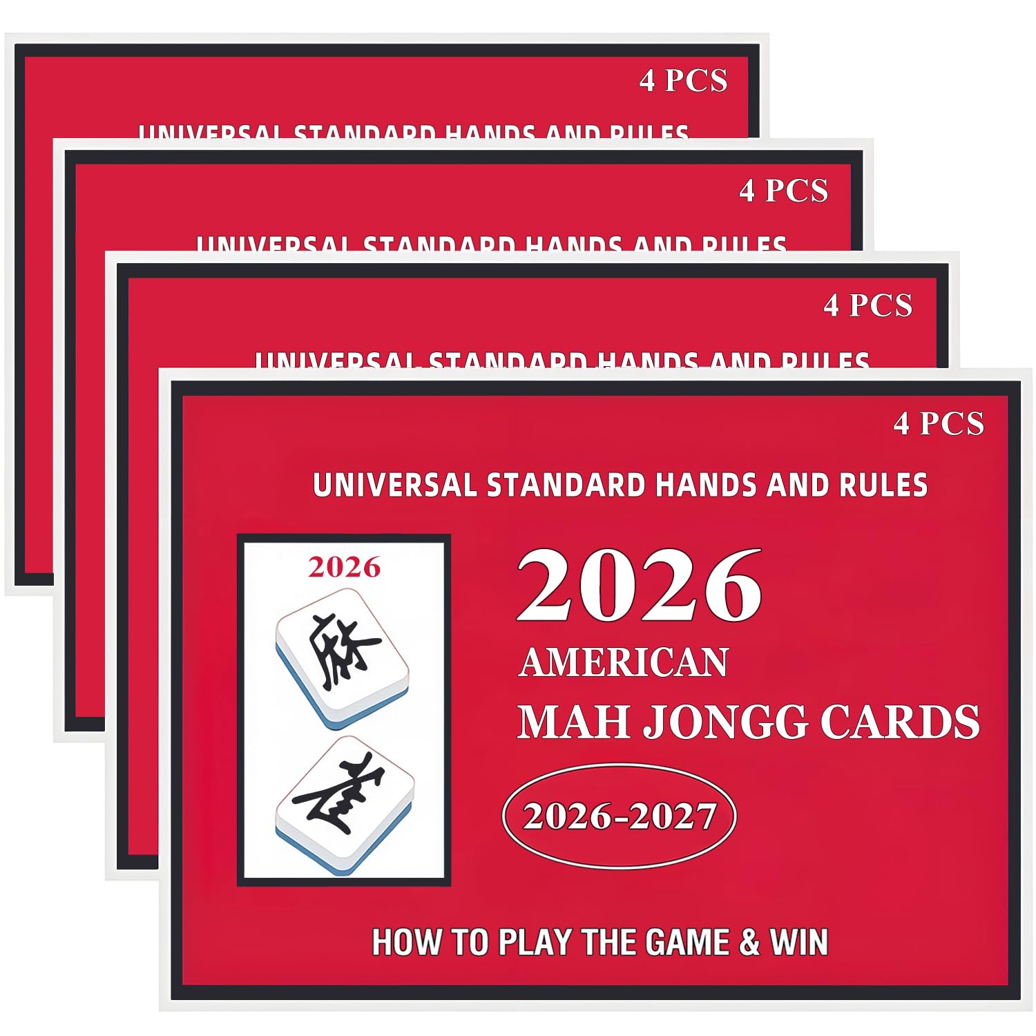 Mahjong Cards 2026 - Large Print American Mah Jongg Reference Cards for 2026-2027 Season, 4 Pack Scoring Sheets (Red Edition)