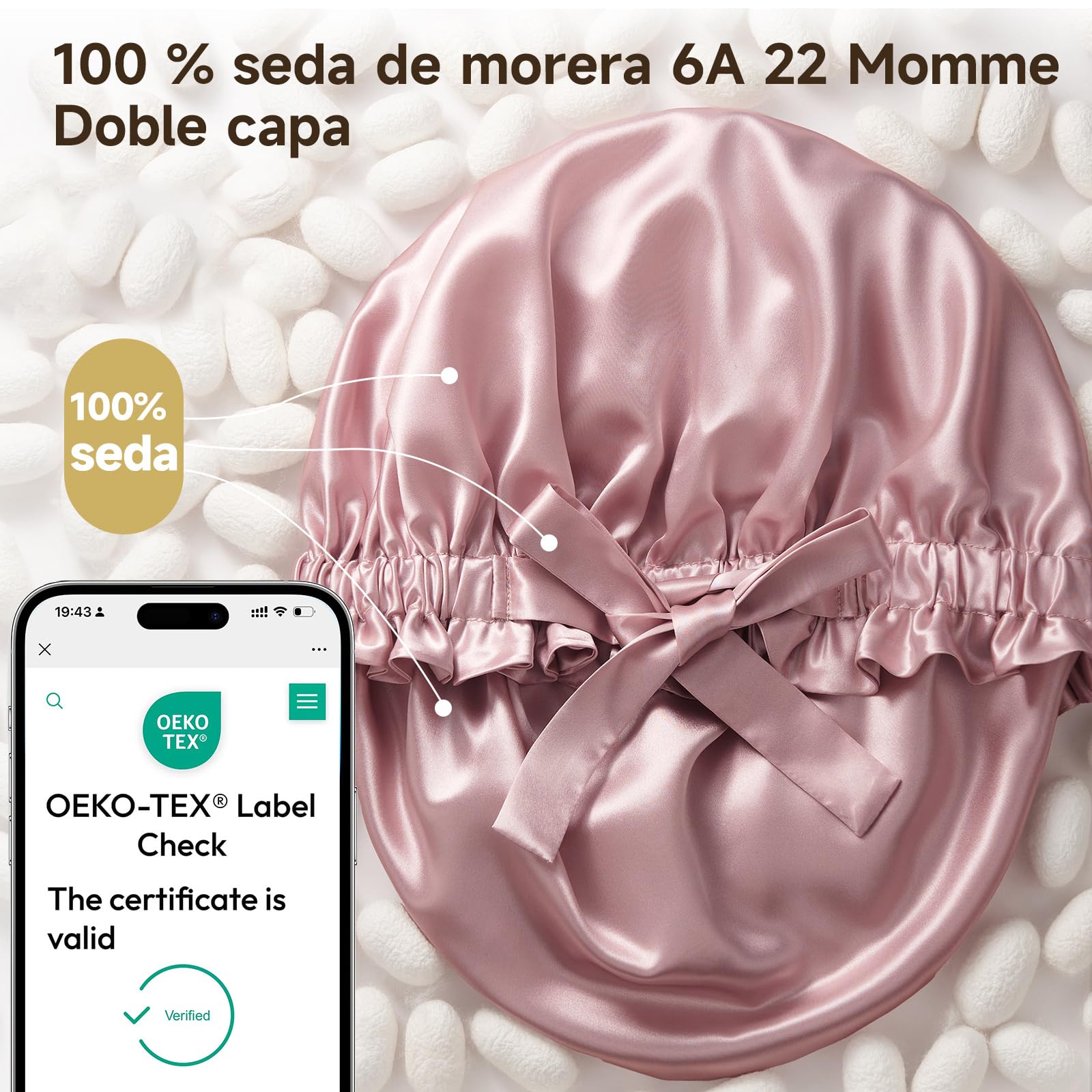 Umisleep Gorro de Seda de Morera de 22 mommes, 100% Seda de Morera, con Volantes, Doble Cara, Suave y Transpirable, Banda Ancha Ajustable para Cabello Rizado