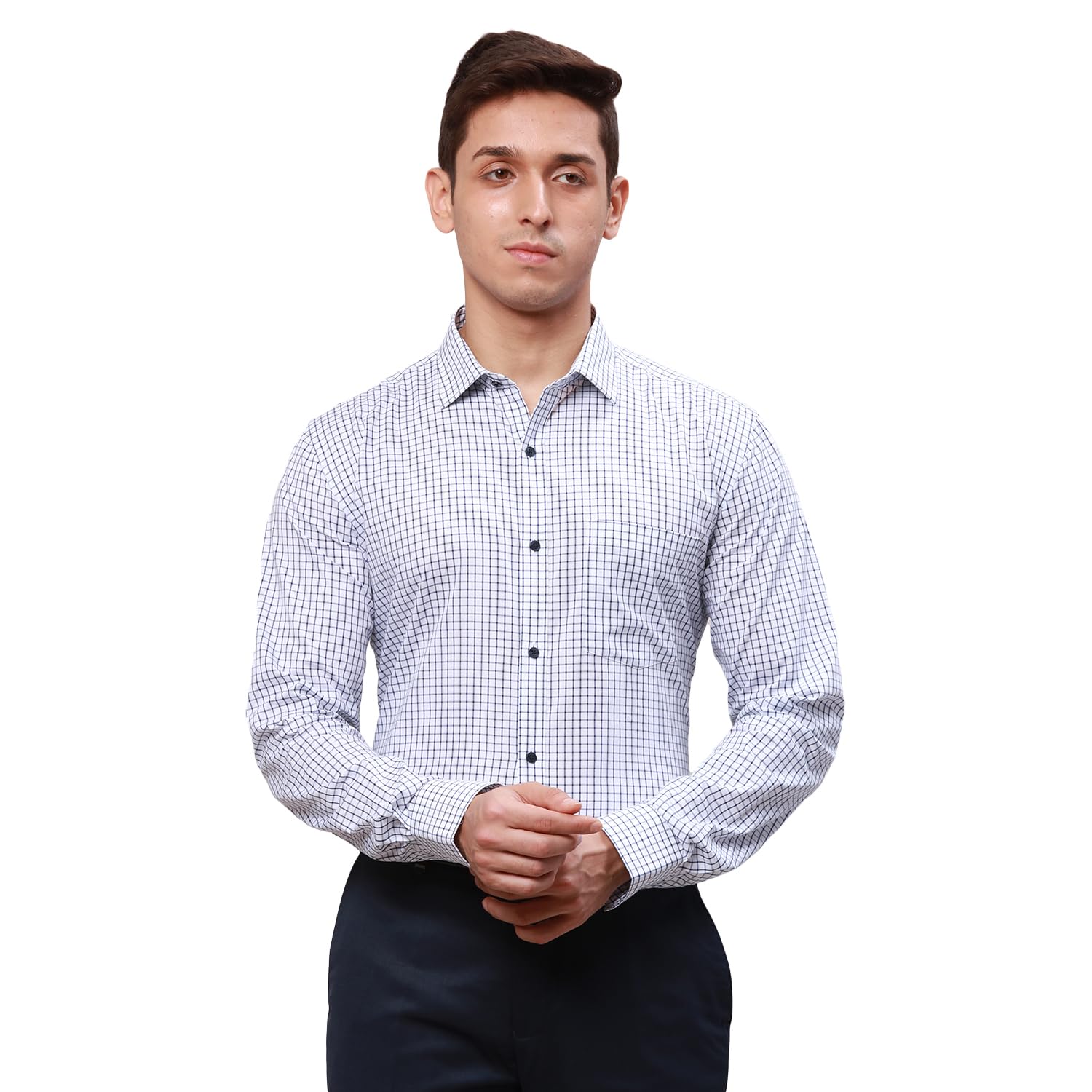 park avenue Men's Pure Cotton Checks Pattern Slim Fit Semi Cutaway Collar Full Sleeve Formal Shirt-picture-15