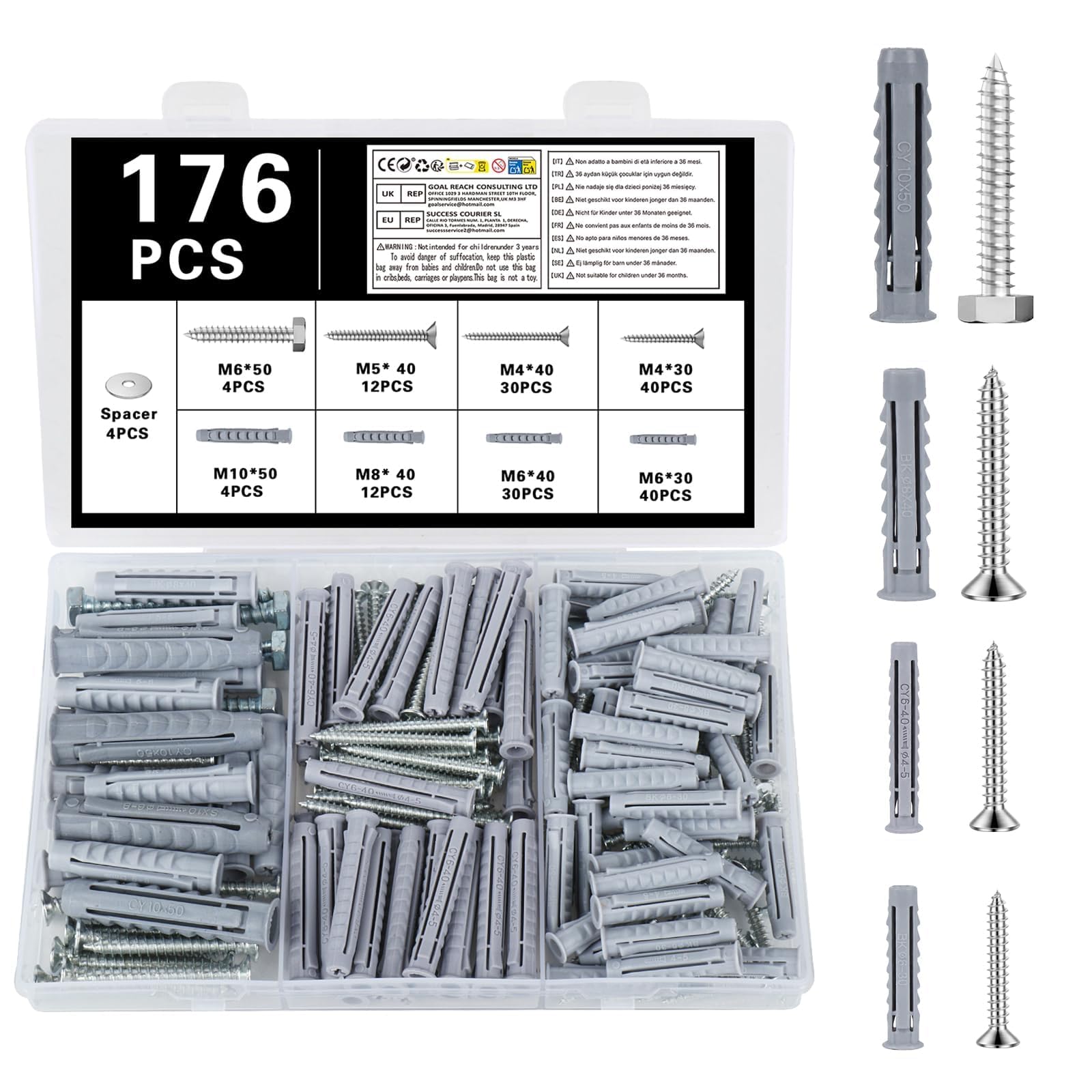 LiangSanXin 176Pcs Masonry Screws Wall Plugs Set for Concrete Brick