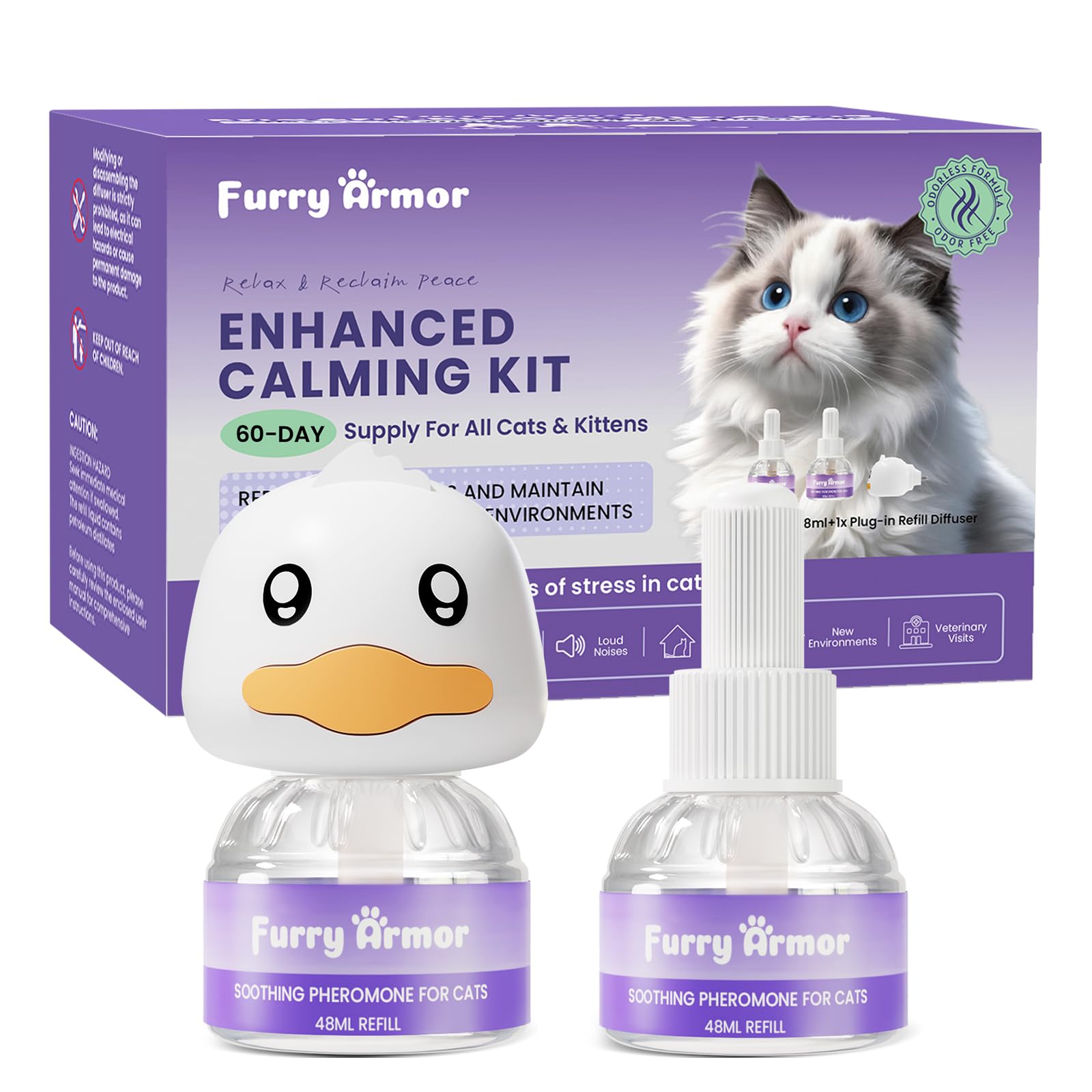 FURRY ARMOR Cat Calming Pheromone Diffuser Starter Kit for Multi-Cat Plug-in + 2 Refills (48ml), Odorless Drug-Free Anxiety Relief – Stops Meowing, Scratching, Fighting, 2-Month Supply