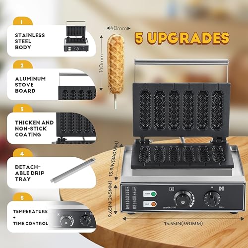 Miniatura 6 de CGOLDENWALL Comercial/casero Máquina para hacer gofres de perro de maíz 1550W 6Pcs Mollete francés Hierros antiadherente de acero inoxidable Waffle
