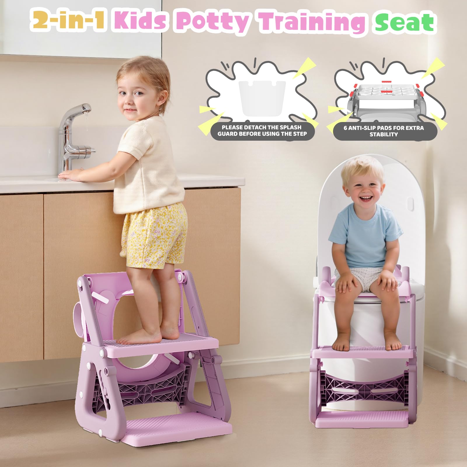 Riduttore Wc Bambini con Scaletta, 2 In 1 Scaletta Wc Per Water Bambini con Struttura a Triangolo, Paraspruzzi Estesi Regolabile e Pieghevole Sgabello Antiscivolo, Adattatore per Bambino e Cuscino