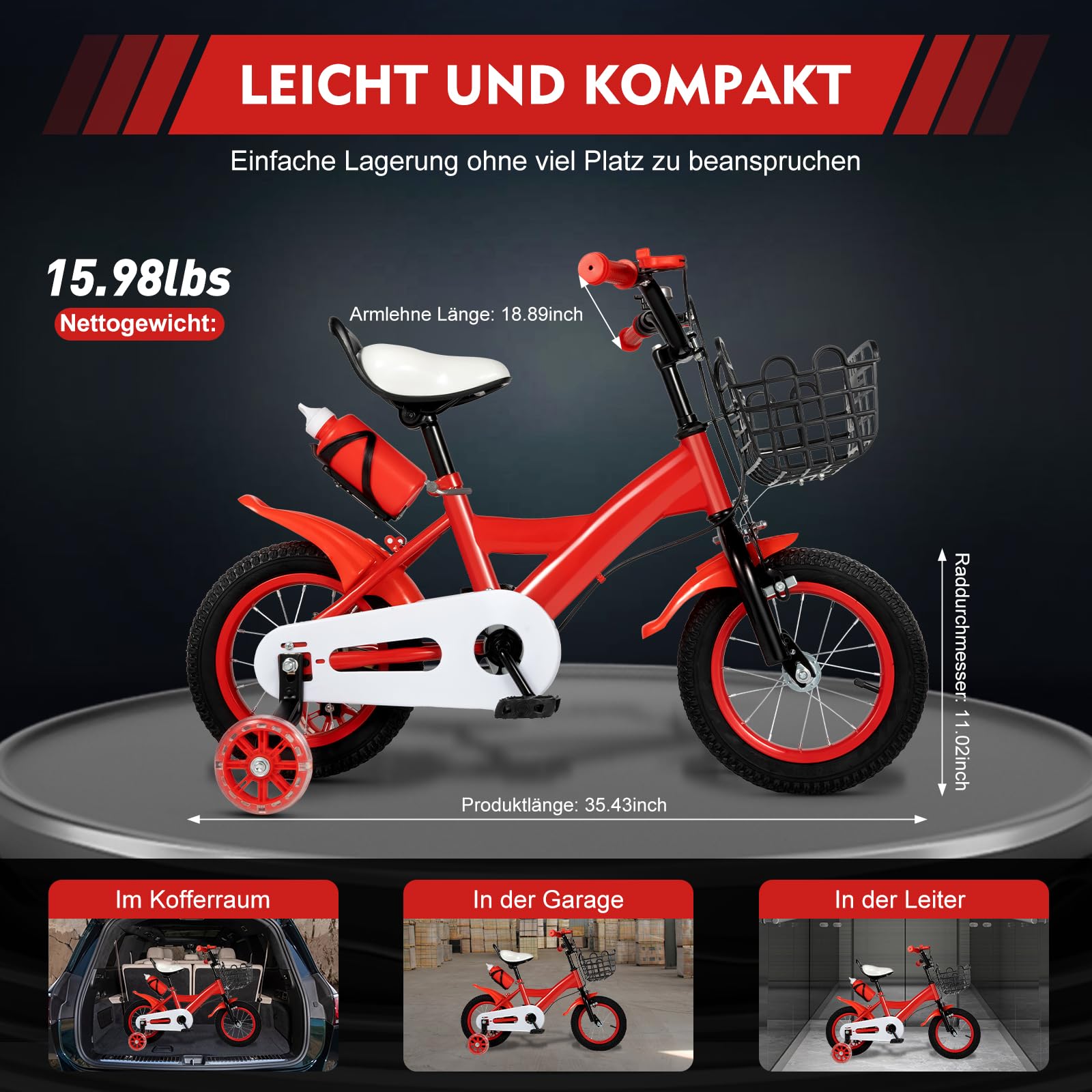 Vélo pour enfant de 12 pouces, réglable en hauteur de 2 à 5 ans, vélo d'entraînement pour fille et garçon, avec roues stabilisatrices, panier, bouteille d'eau, gobelet pour la formation
