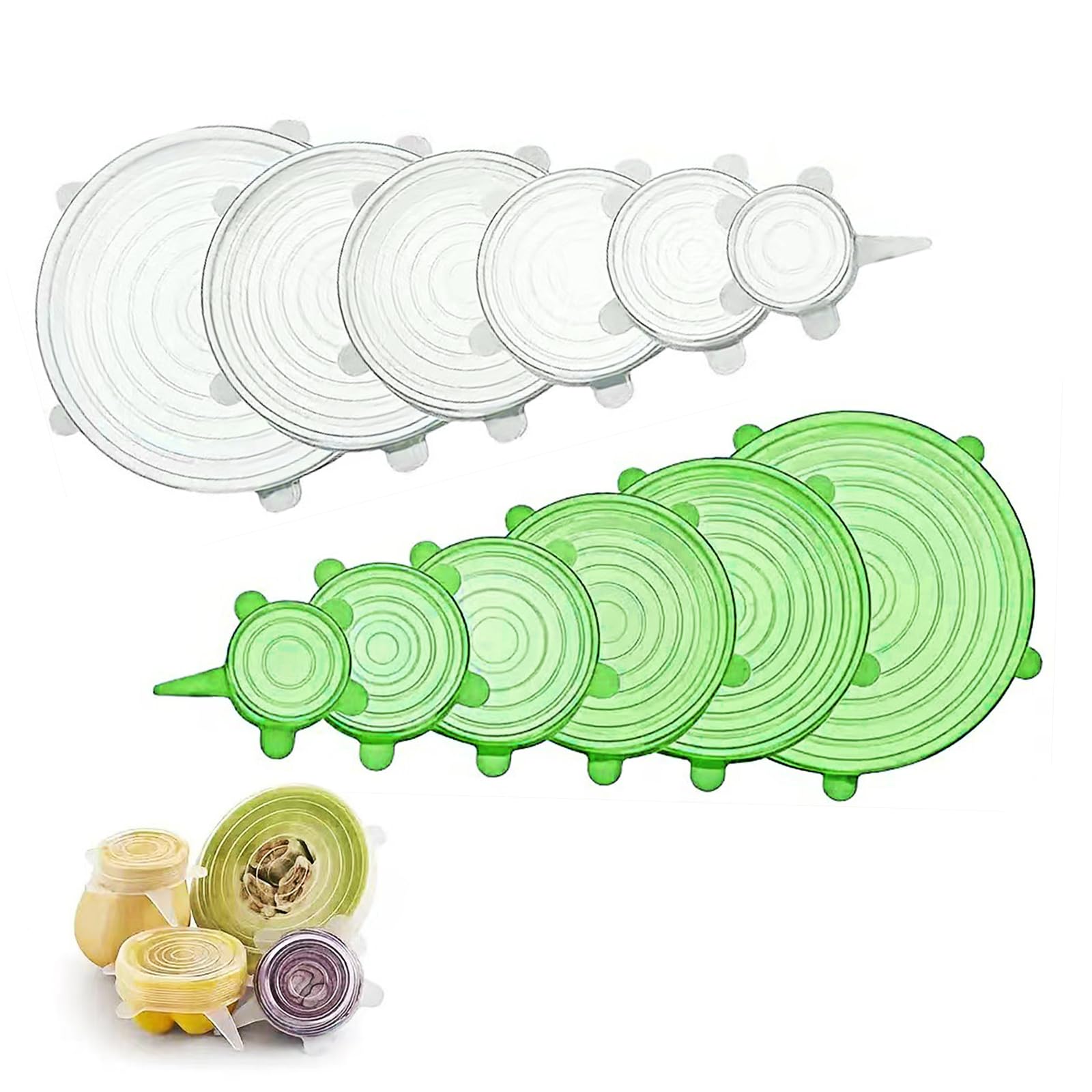 12Pcs Silicone Lids Food Covers | Silicone Stretch Lid | Airtight Lids for Dishes, Bowls, Fruit | Dishwasher Safe Container Lid Covers for Yogurt Pot (White, Green)
