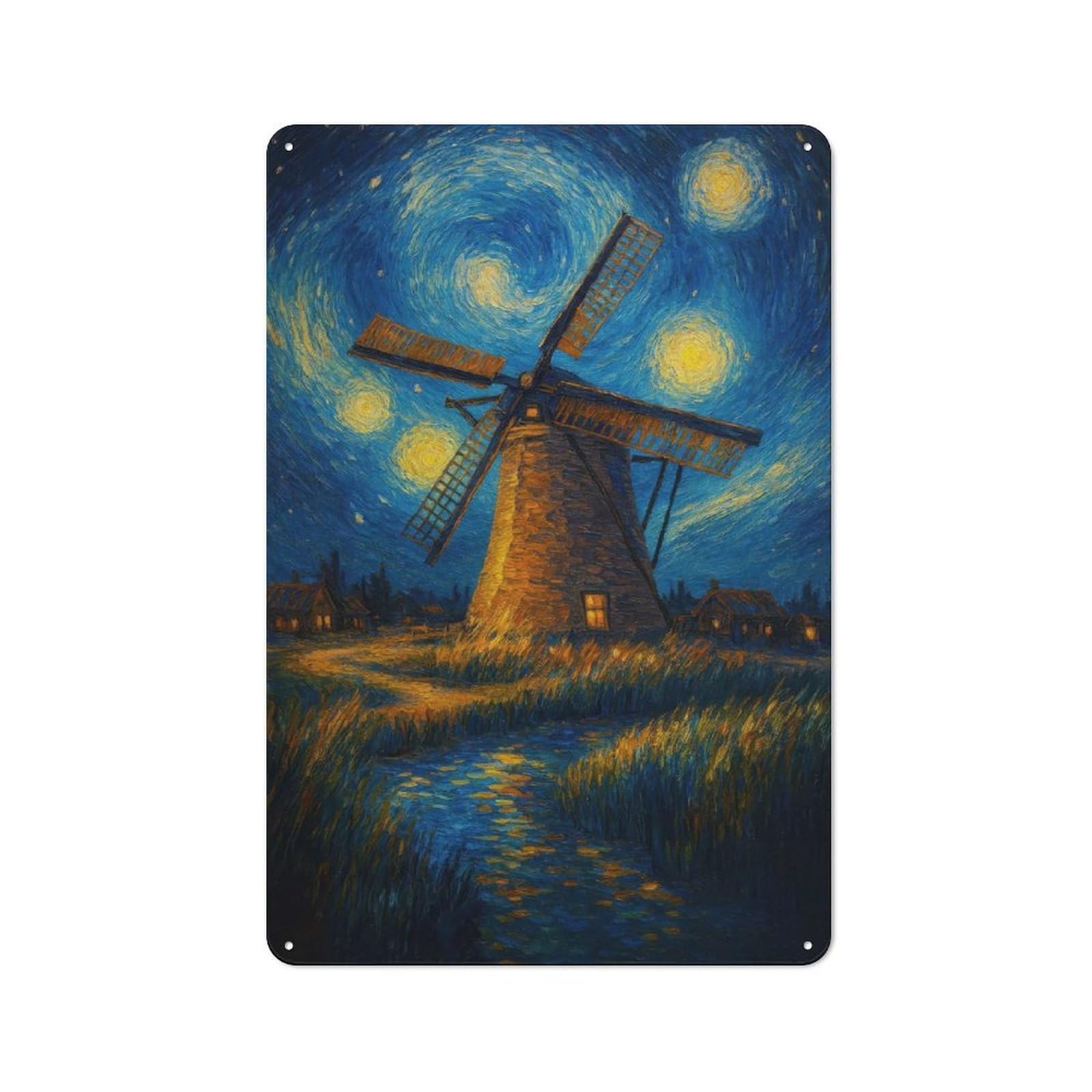 Junmoney Windmill Under A Starry Night Workshop Style Metal Wall Decor 30X20cm, Decorative Metal Plaque For Garage, Workshop, Shed Or Utility Room
